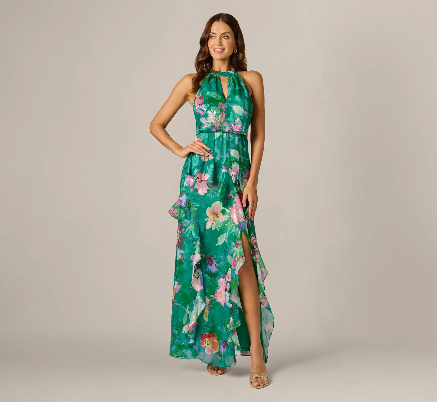 Floral Chiffon Blouson Ruffle Halter Gown In Green Multi