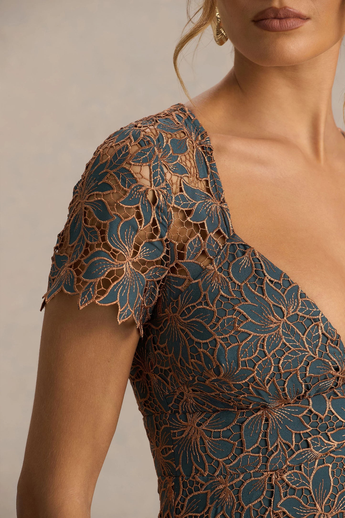 Sabrina Dark Green And Rust Embroidered Plunge-Neck Midi Dress
