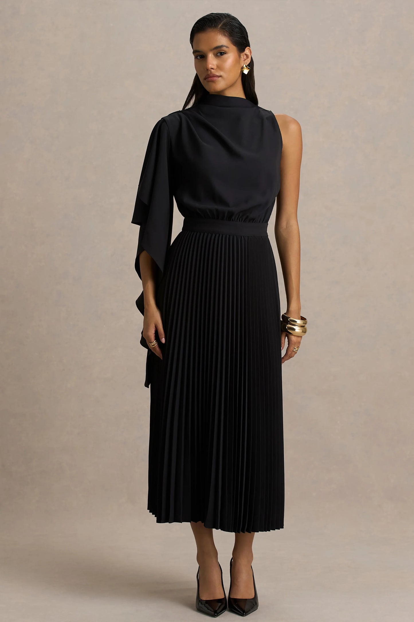 Jimena Black High-Neck Midi Dress With One-Long Sleeve And Pleated Detailing