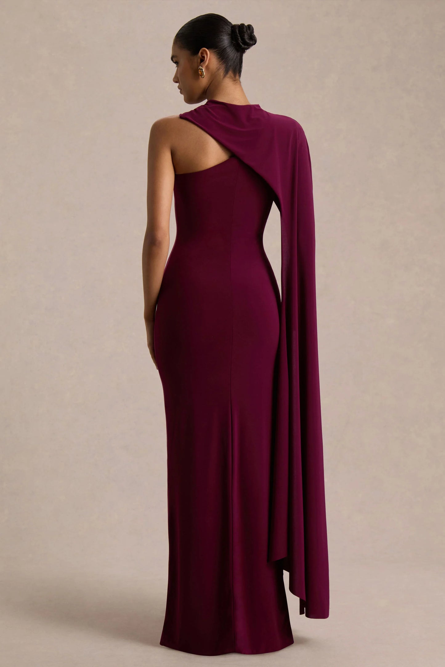 Dawn Burgundy Asymmetric-Neck Maxi Dress With One Long-Sleeve And Cape
