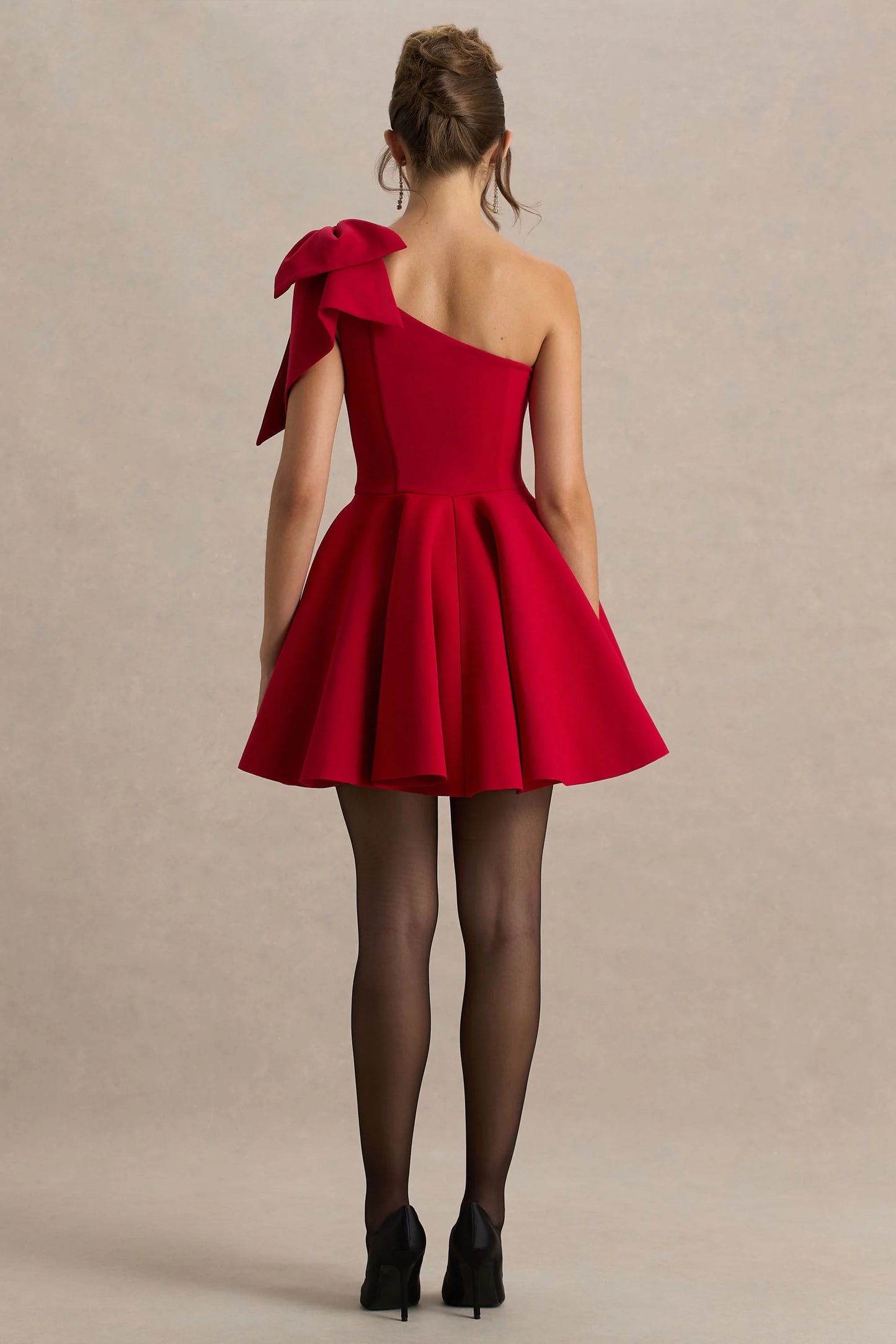 Prosperity Red Asymmetric-Neck Mini Dress With Bow Detail