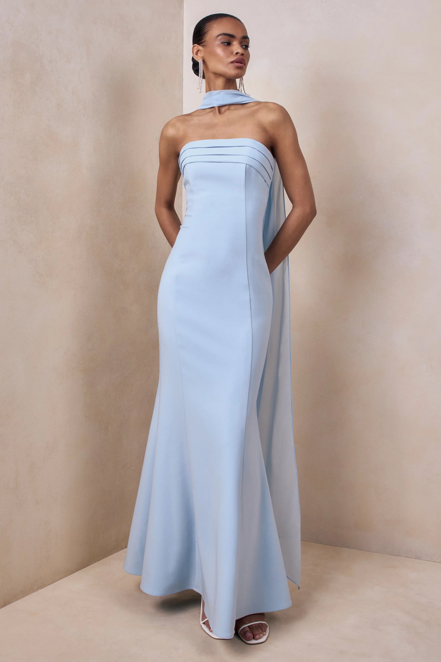 Nerissa Light Blue Bandeau Maxi Dress With Scarf