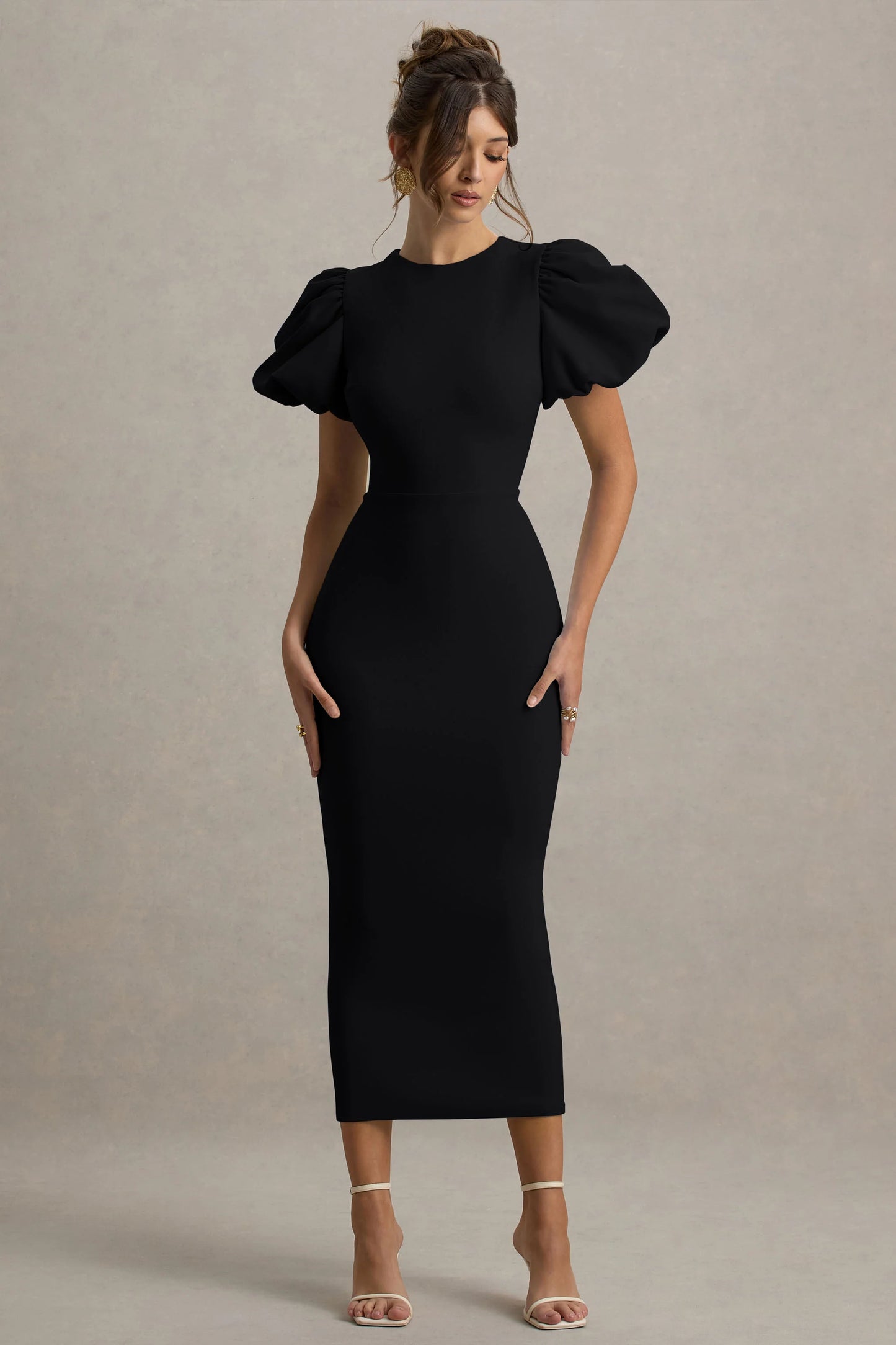 Dakota Black Puff-Sleeve Midi Dress
