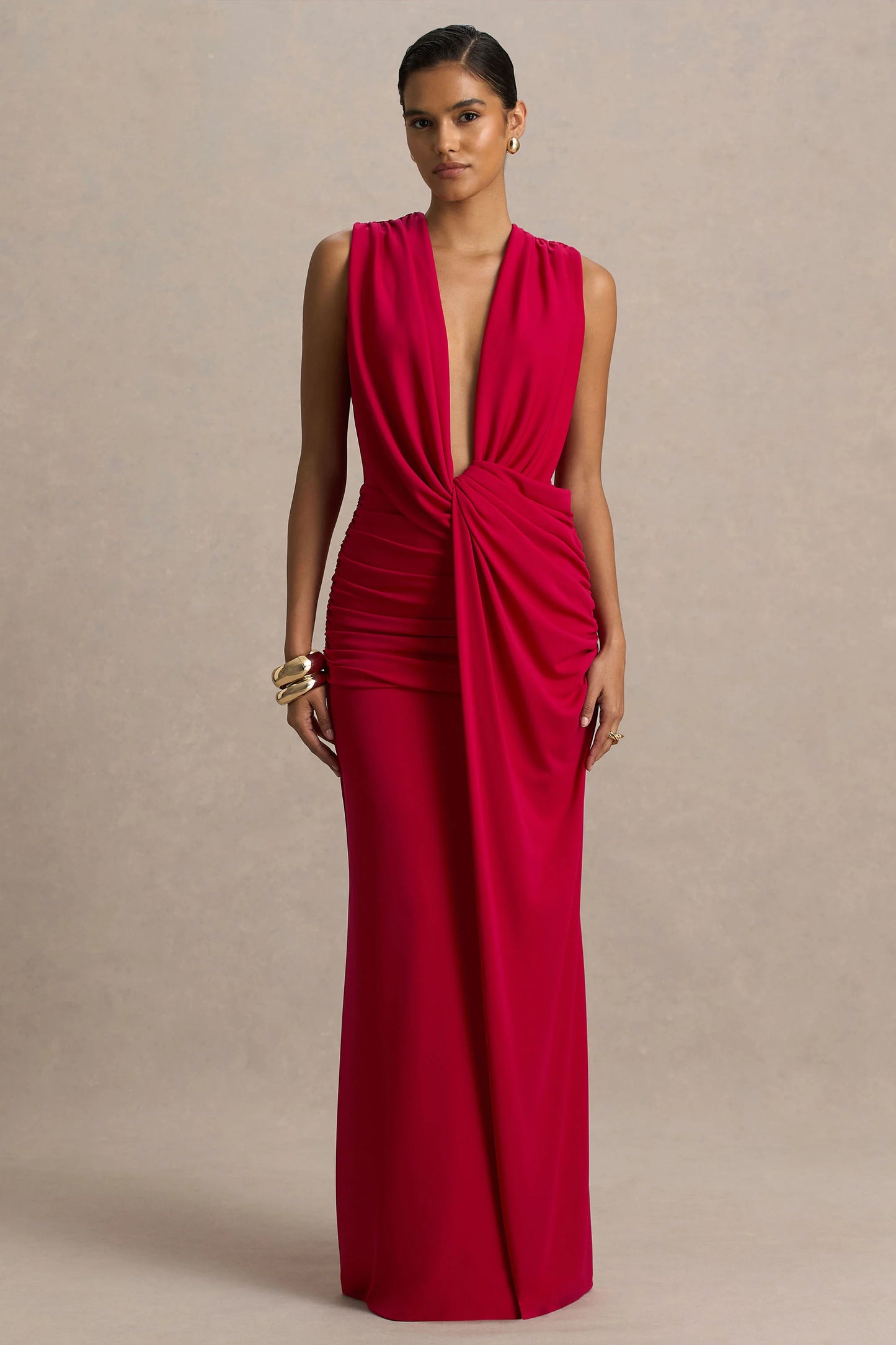 Serafina Red Extreme-Plunge Maxi Dress With Ruched Detailing And Open-Back