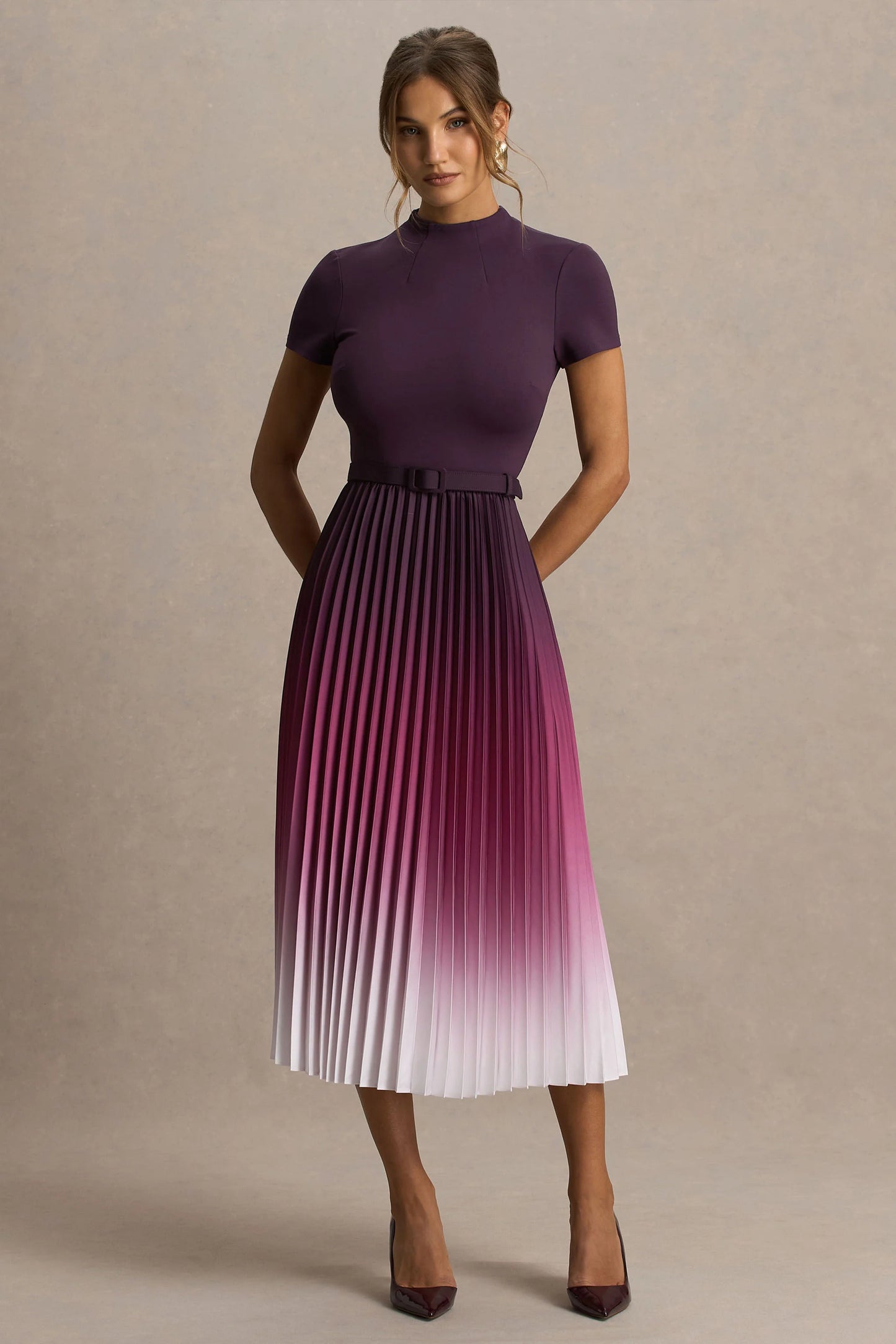 Libby Burgundy Ombre Woven High-Neck Midi Dress With Pleated Detailing