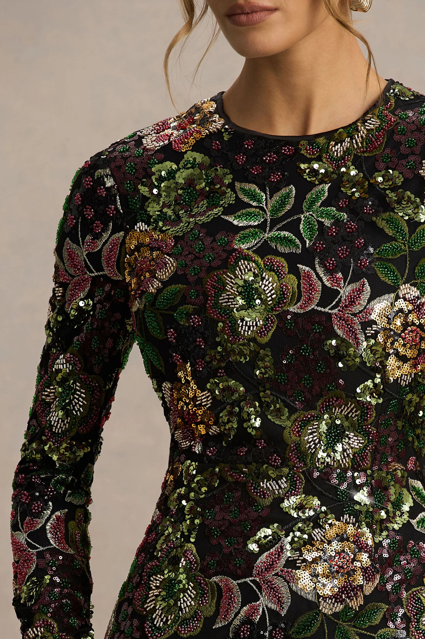 Moonlit Winter Floral Mesh And Sequin Crew-Neck Mini Dress