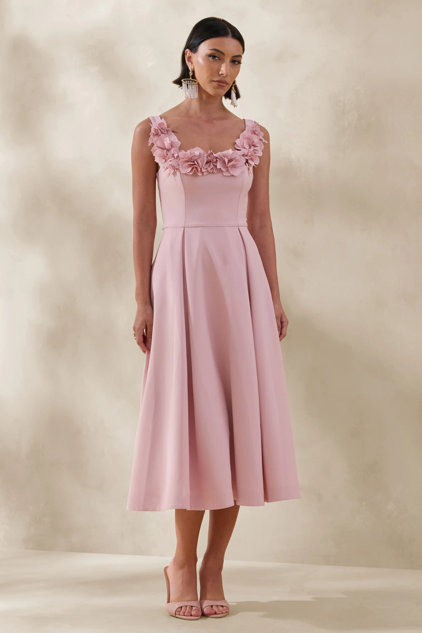 Maelle Pink Scoop-Neck Midi Dress With Corsage Detailing