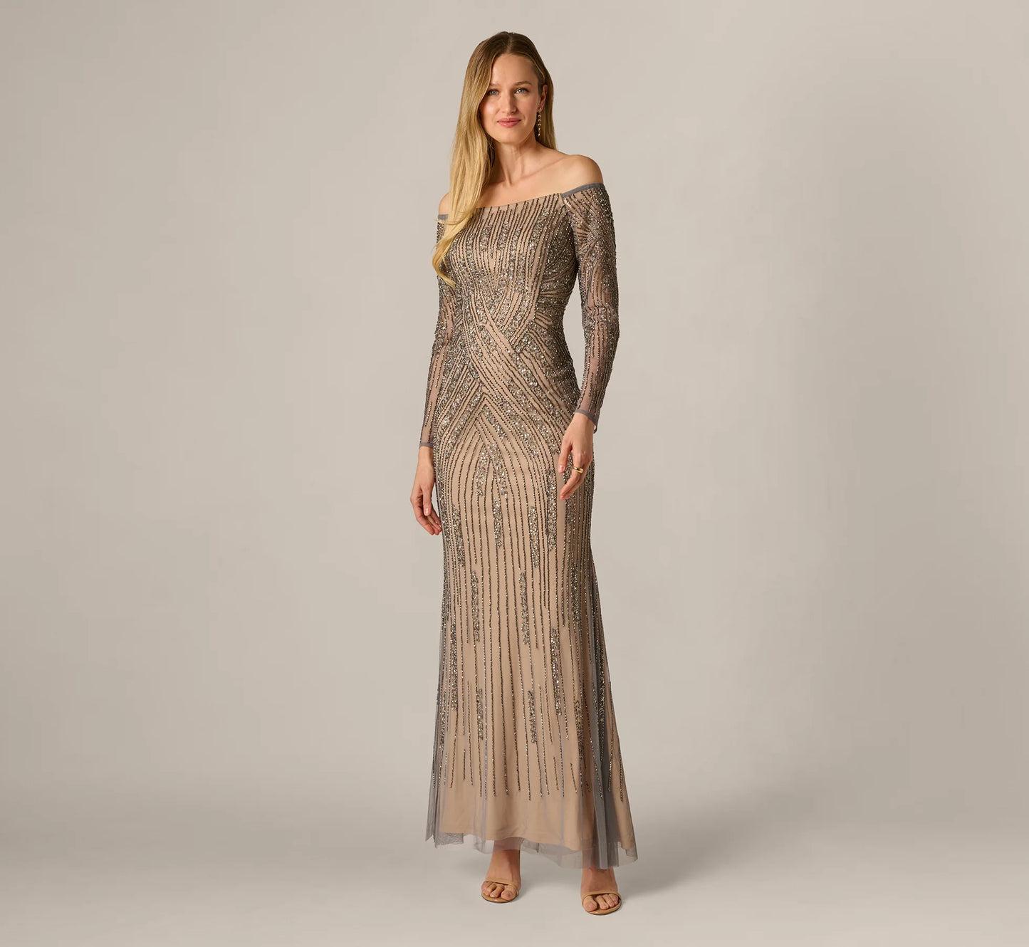 Hand Beaded Off Shoulder Gown In Sterling