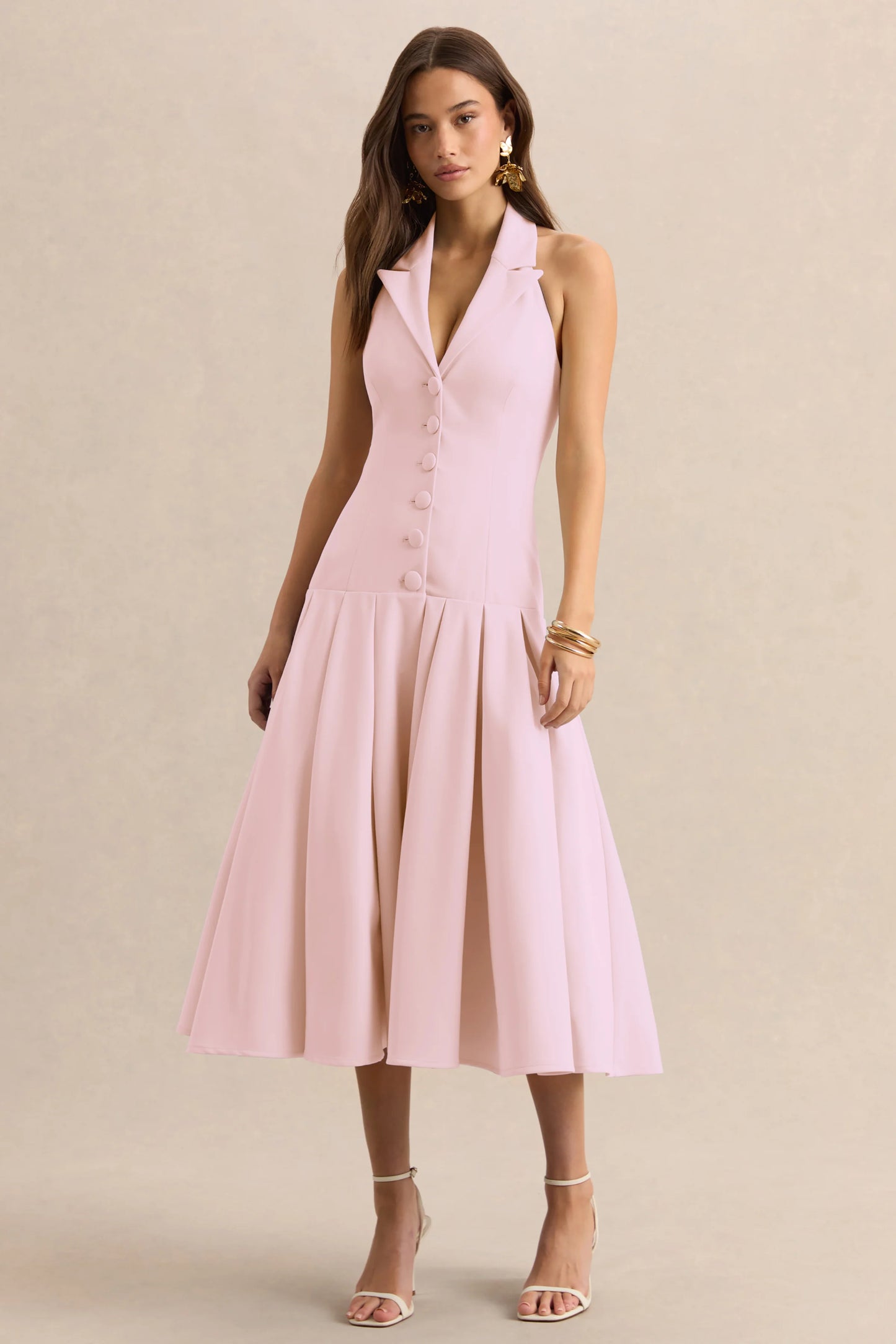 Elise Light Pink Plunge-Neck Midi Dress With Drop-Waist