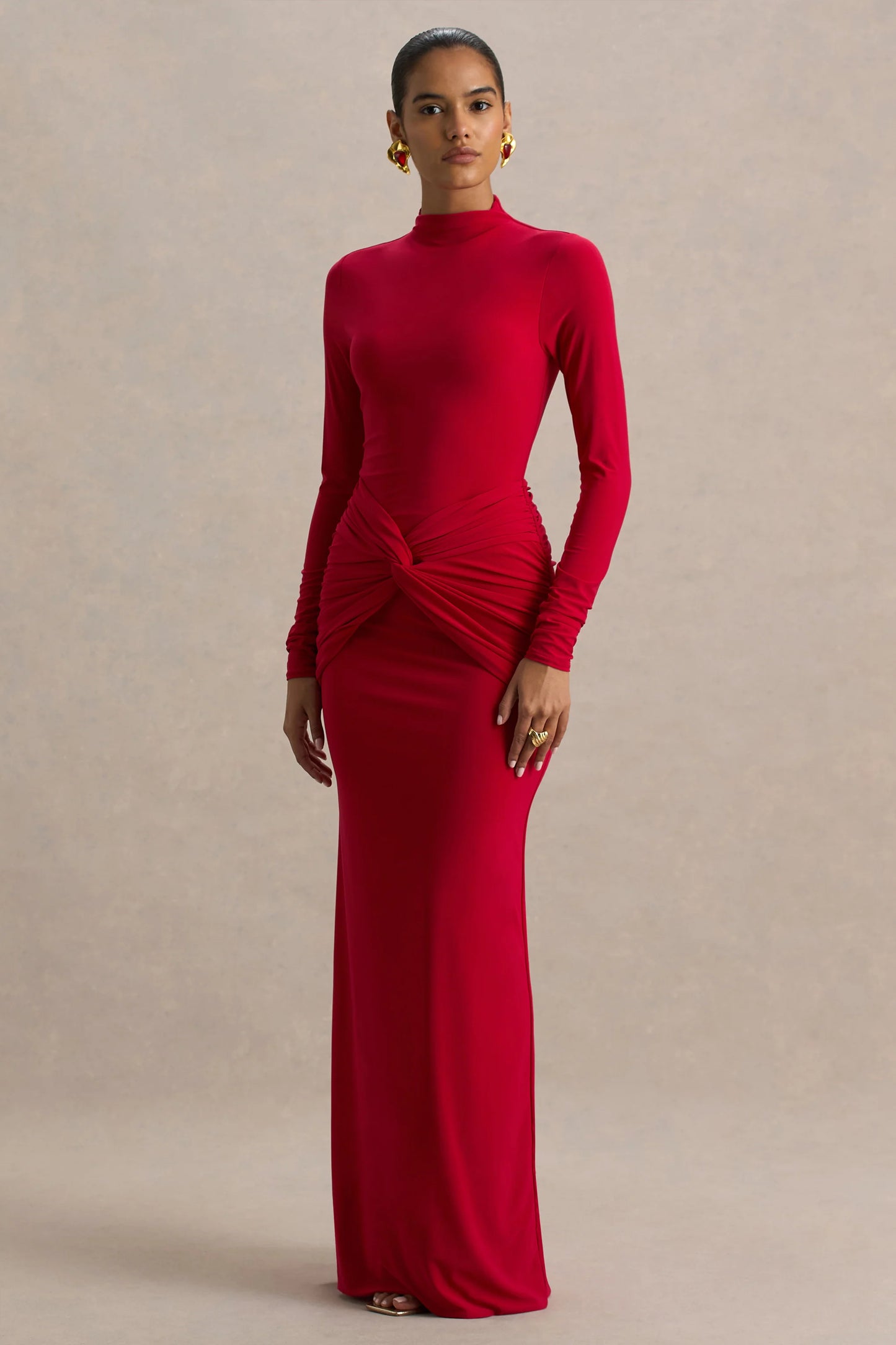 Alula Red High-Neck Maxi Dress With Twist Detail