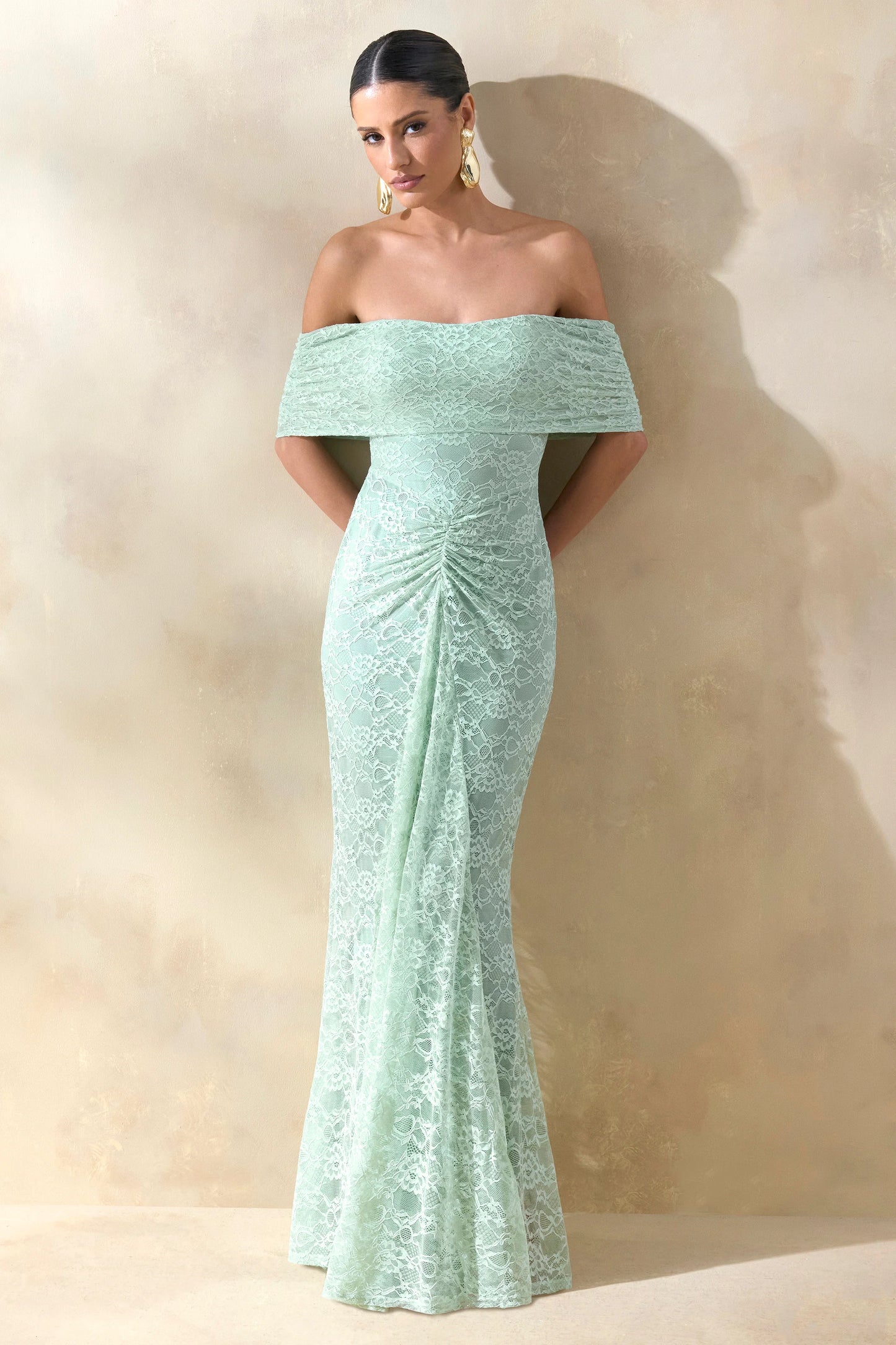 Elinor Sage Lace Bardot-Neck Maxi Dress With Gathered-Detailing