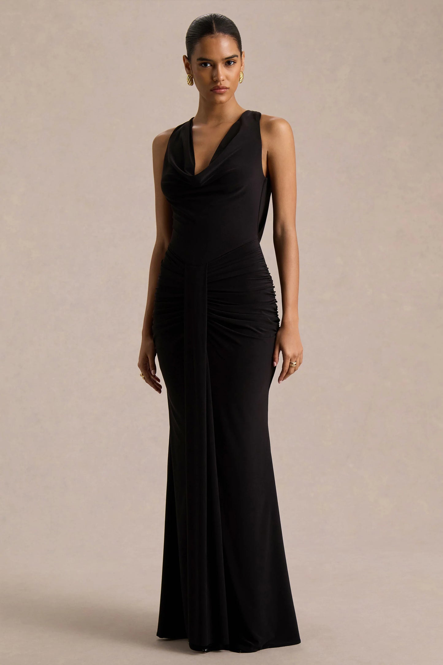 Mallie Black Cowl-Neck Maxi Dress With Gathered-Detailing