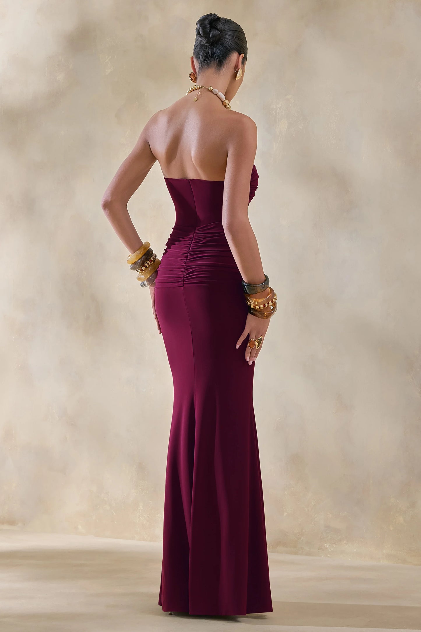 Elodia Burgundy Bandeau Maxi Dress With Gathered-Detailing