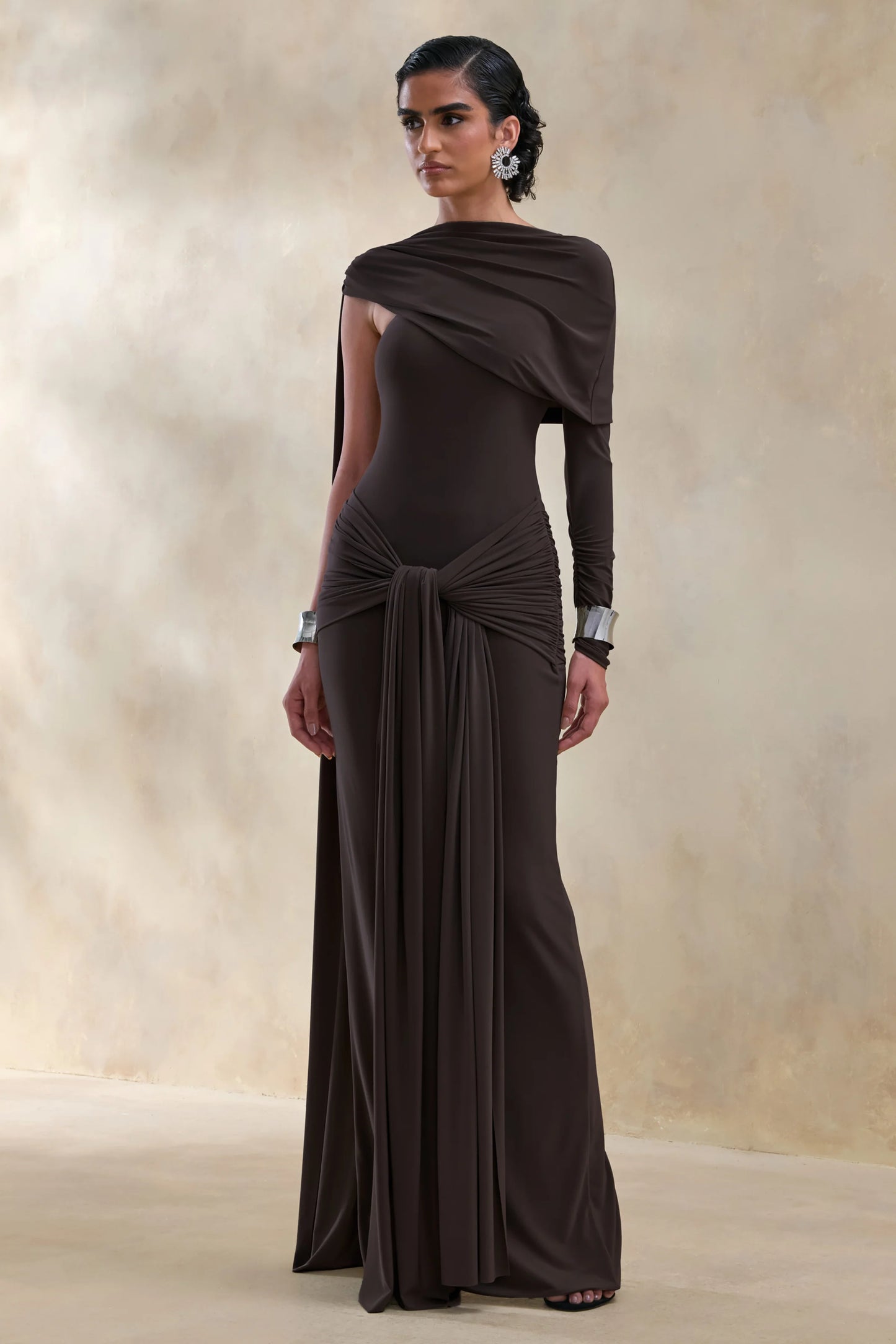 Trisara Brown Asymmetric-Neck Maxi Dress With Gathered-Detailing And Sash
