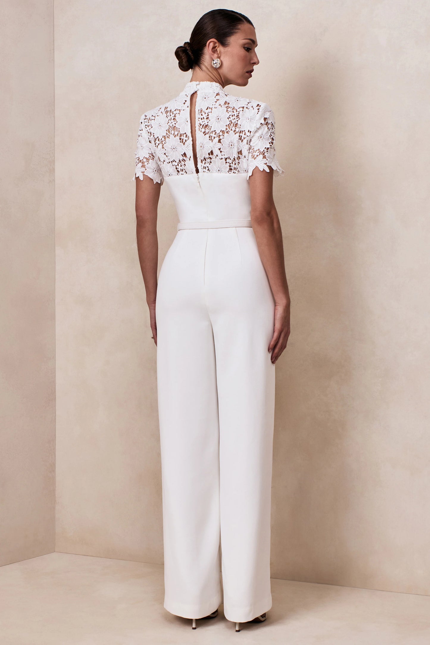 Liliana White High-Neck Jumpsuit With Lace Detailing
