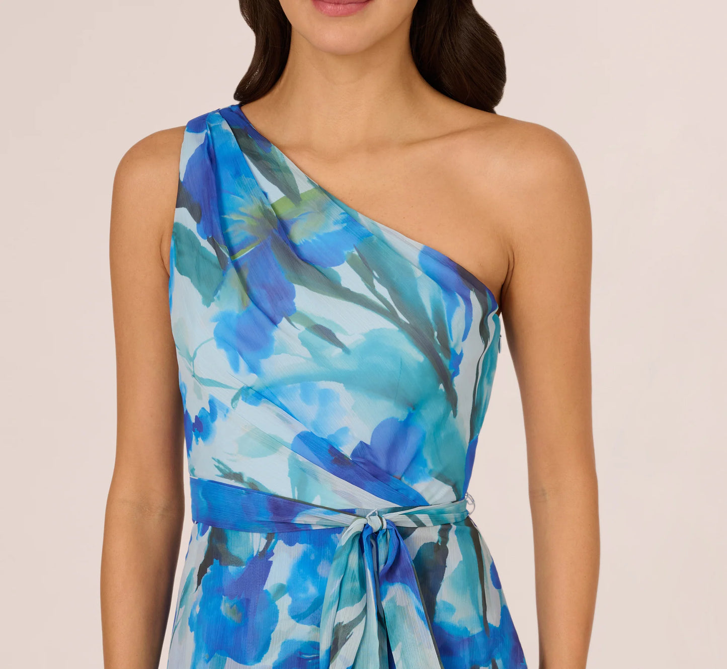 One Shoulder Tiered Floral Chiffon Gown In Blue Multi