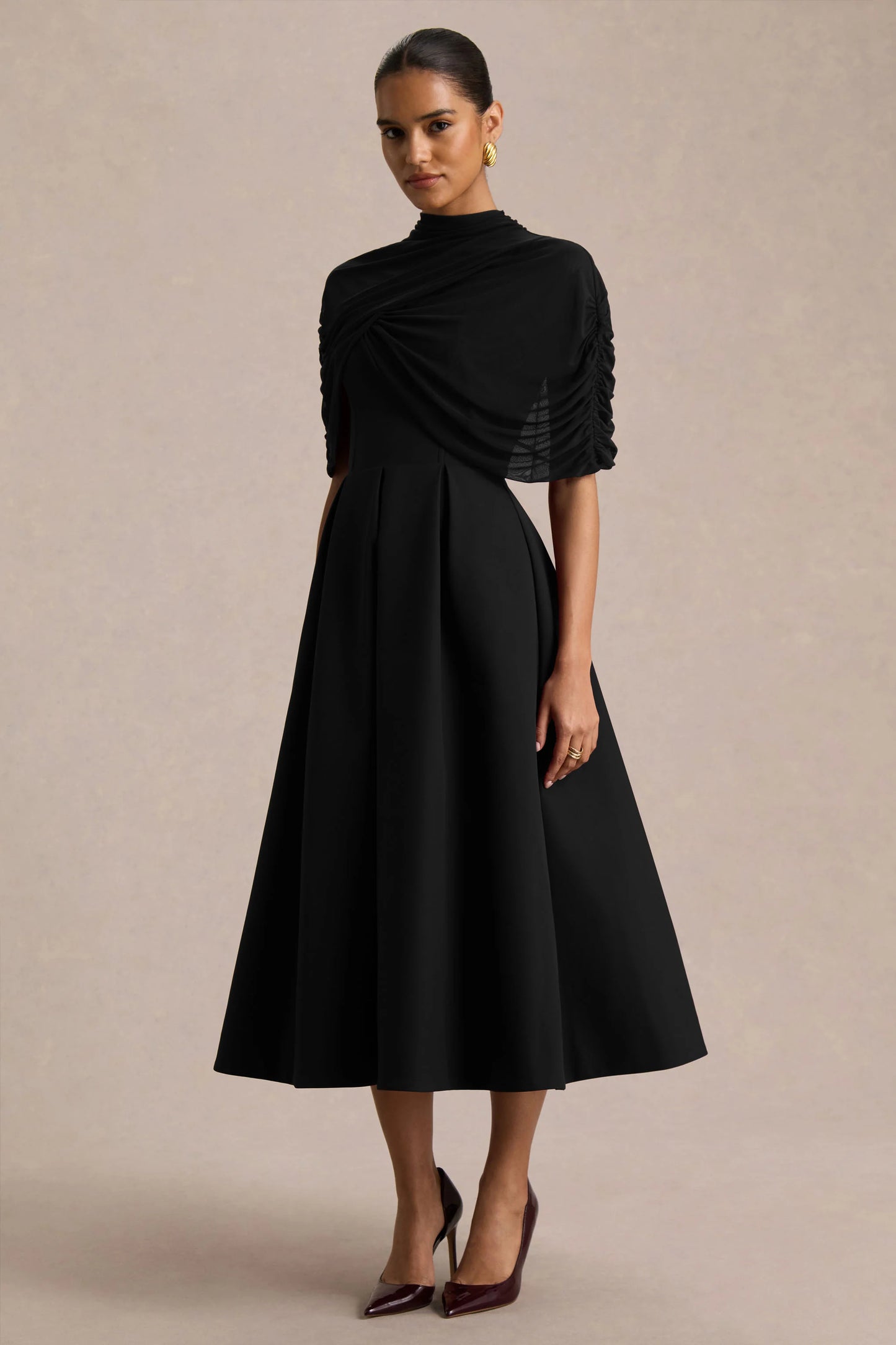 Thalia Black High-Neck Midi Dress With Sheer Mesh Cape