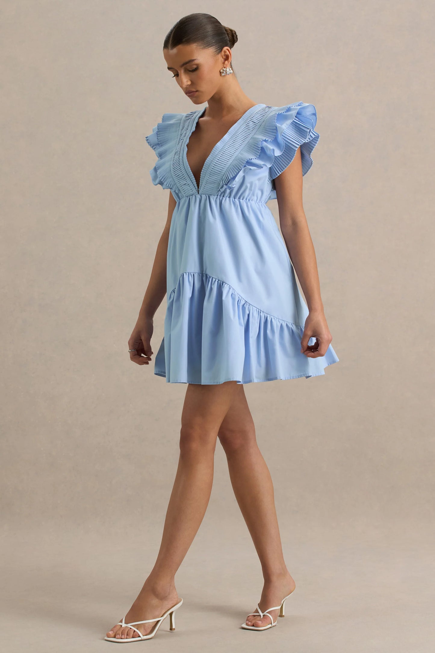 Judie Blue Poplin V-Neck Ruffled Mini Dress