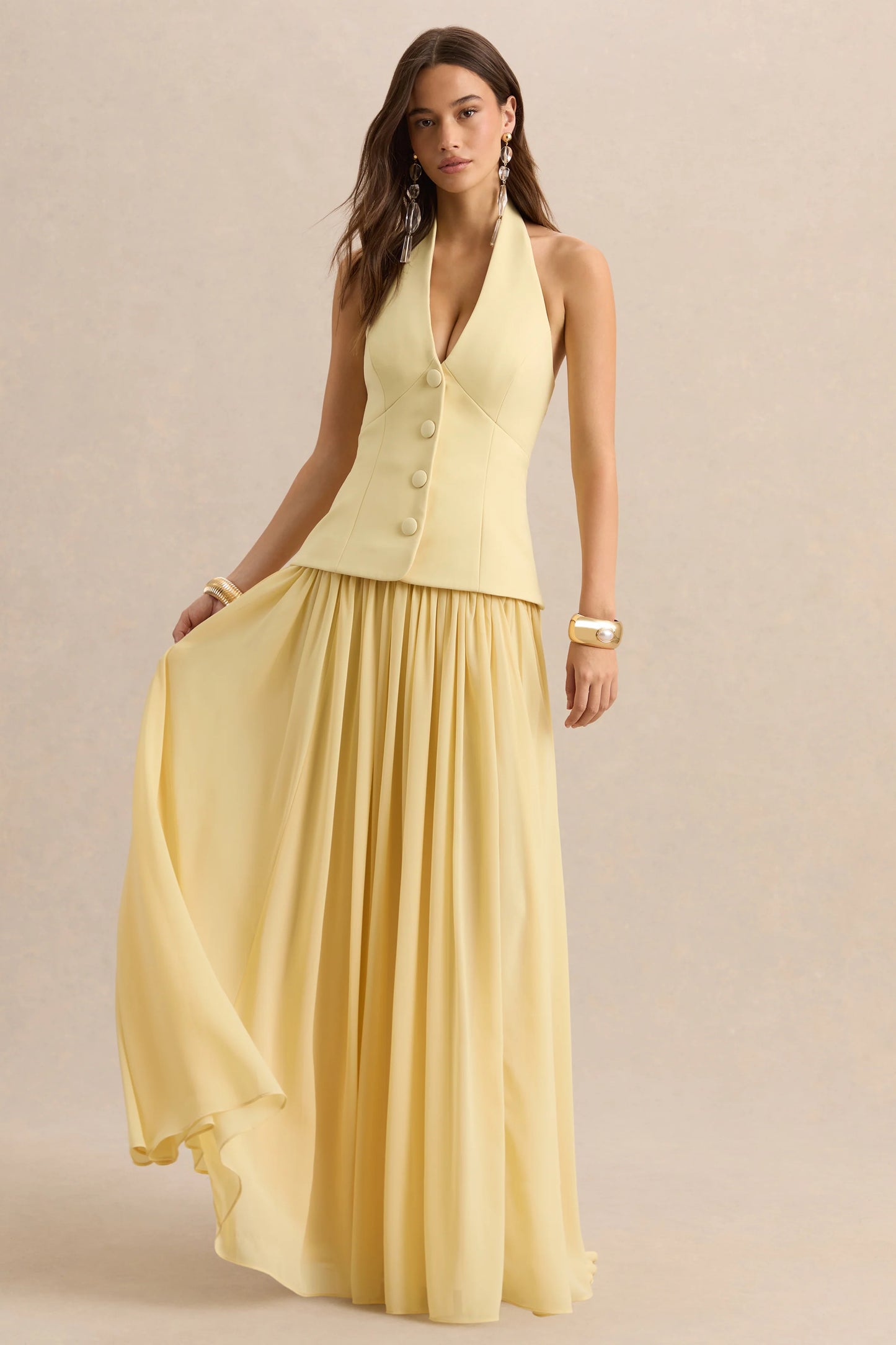 Zarina Lemon Plunge-Neck Maxi Dress