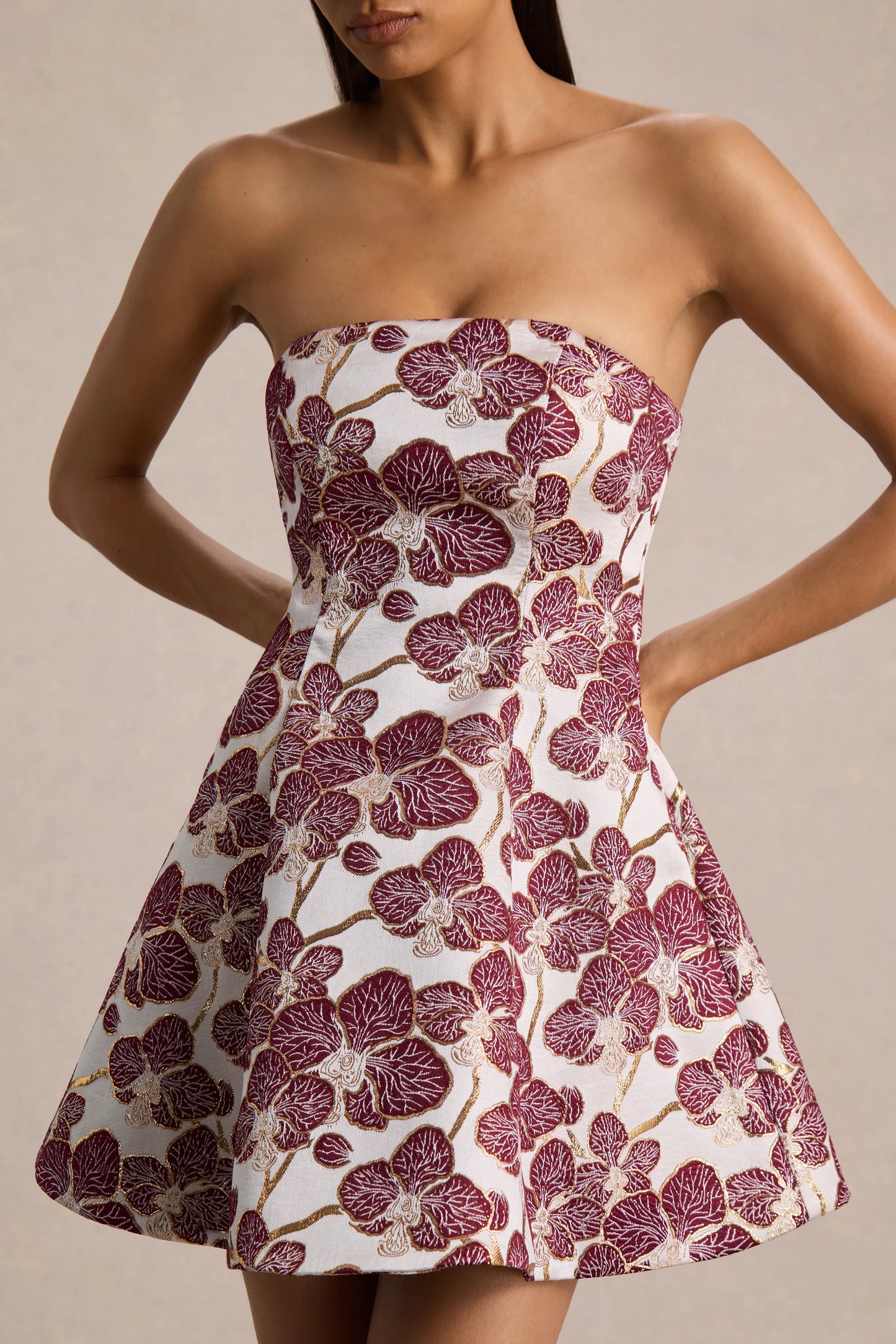 Federica Burgundy And Gold Jacquard Bandeau A-Line Mini Dress
