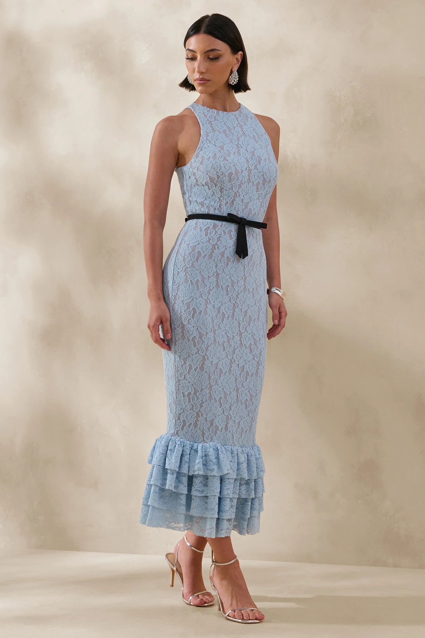Vionna Blue Lace High-Neck Midi Dress With Bow-Belt Detail