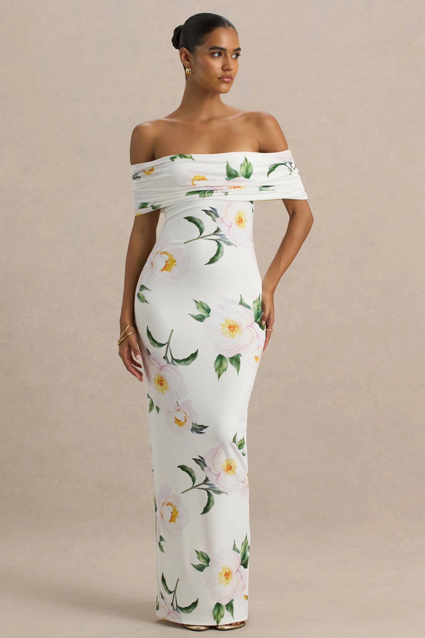 Capri White Rose Print Bardot-Neck Maxi Dress With Ruched Detailing