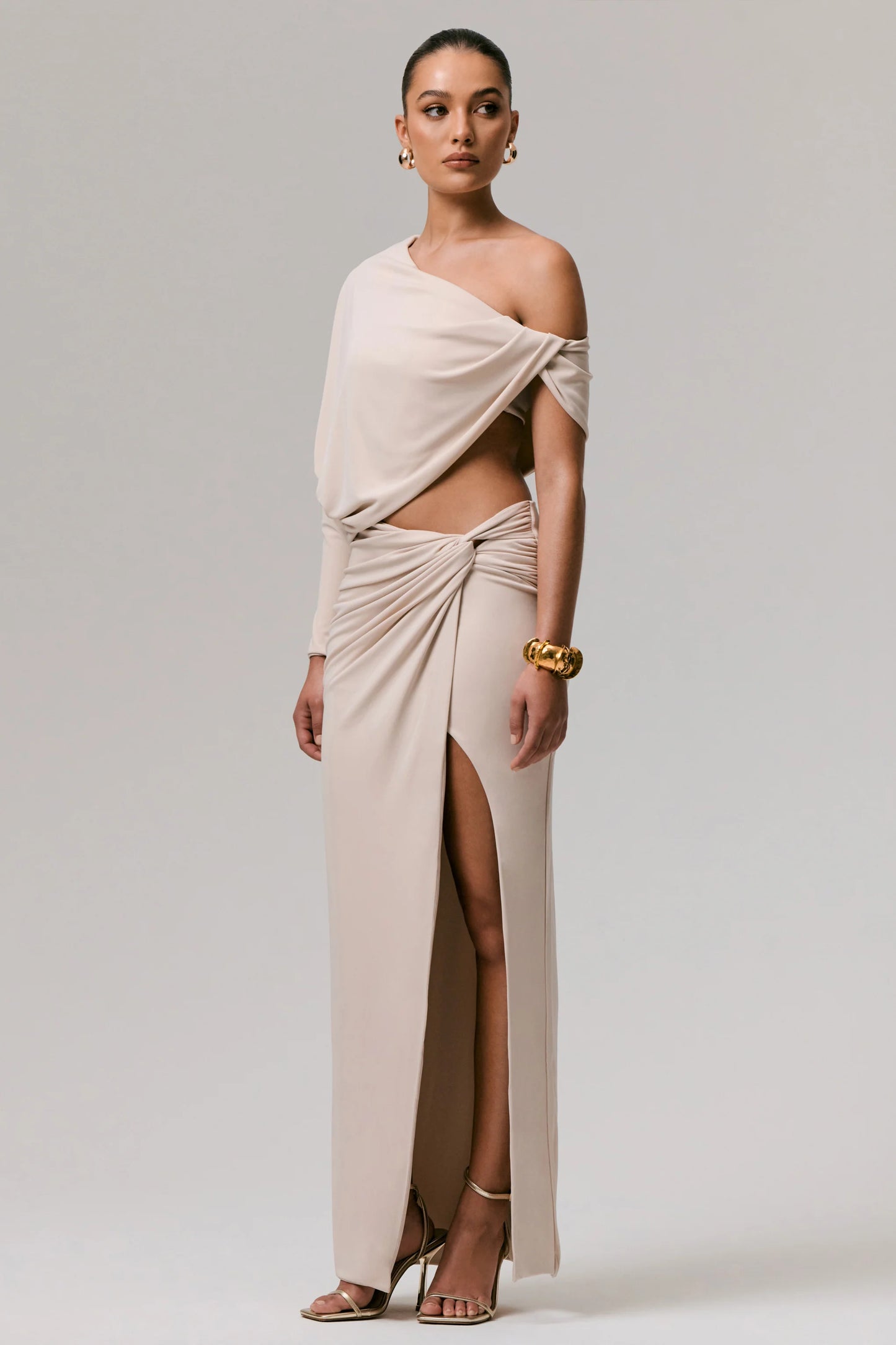 Dua Stone Asymmetric One-Sleeve Draped Top