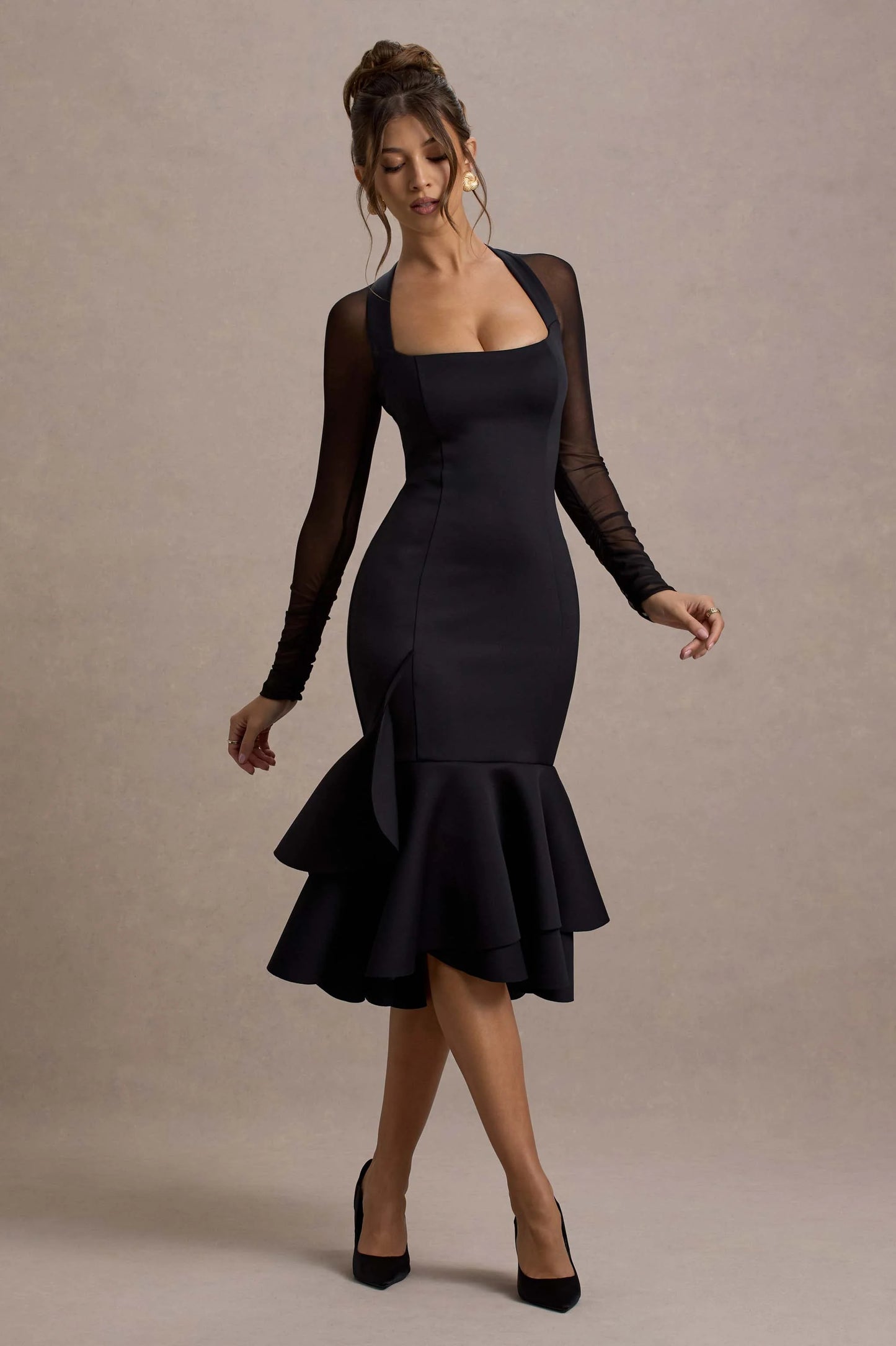 Sander Black Mesh Long-Sleeve Ruffle-Hem Midi Dress