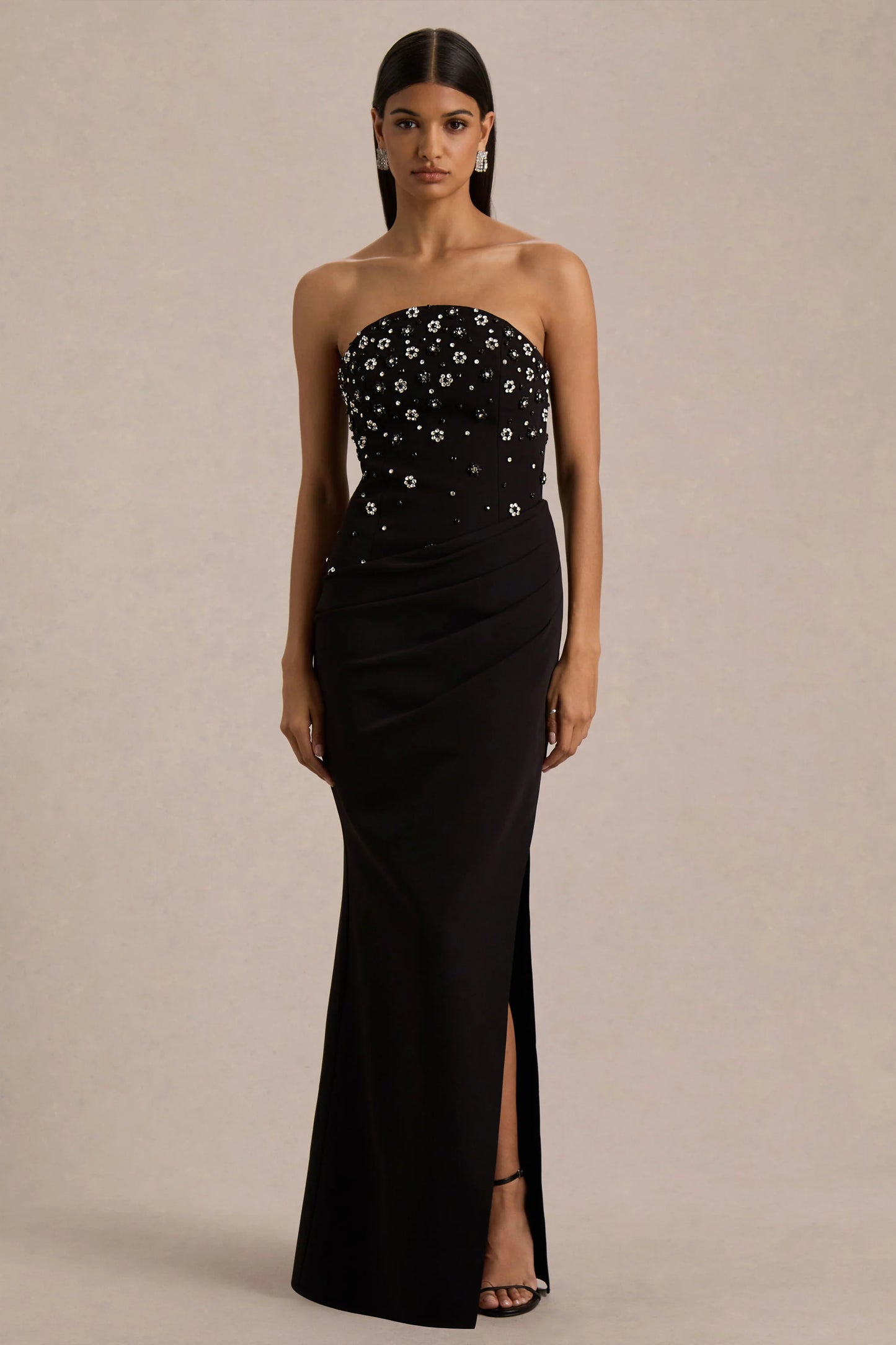 Saphira Black Hand-Embellished Bandeau-Neck Maxi Dress