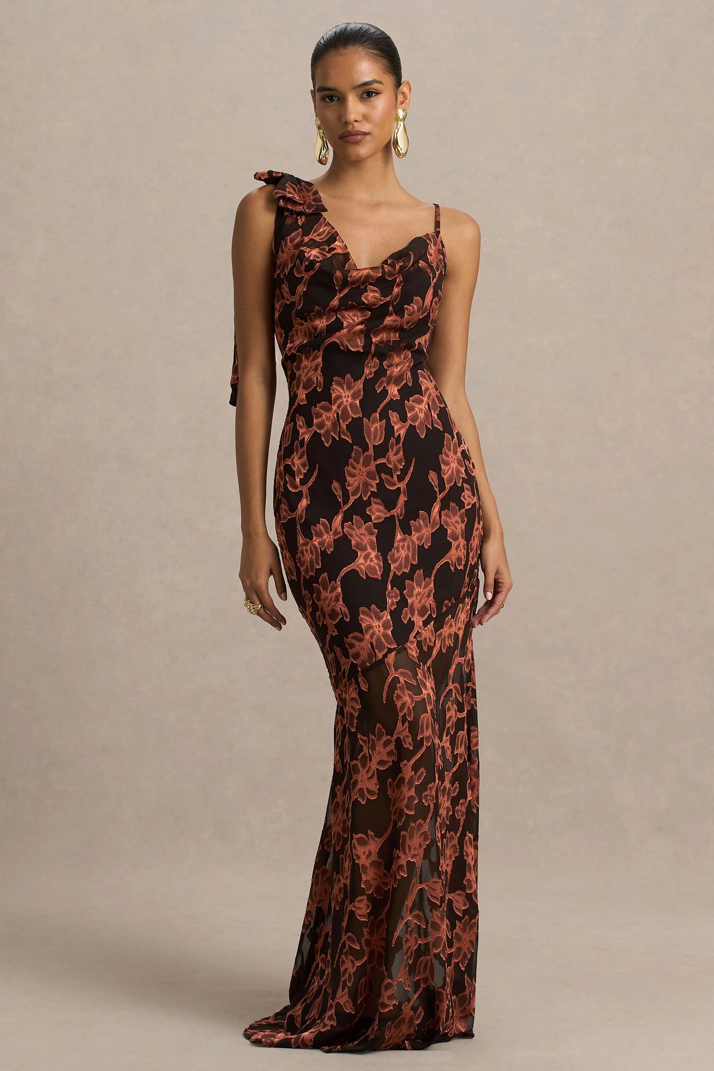 Mar Black And Rust Cowl-Neck Maxi Dress With Bow Detail