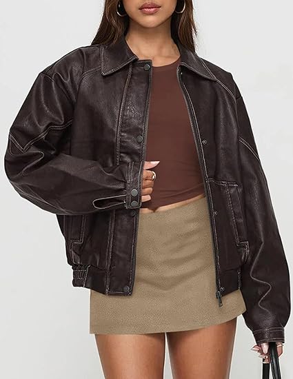 Women's Faux Leather Oversized Bomber Jacket