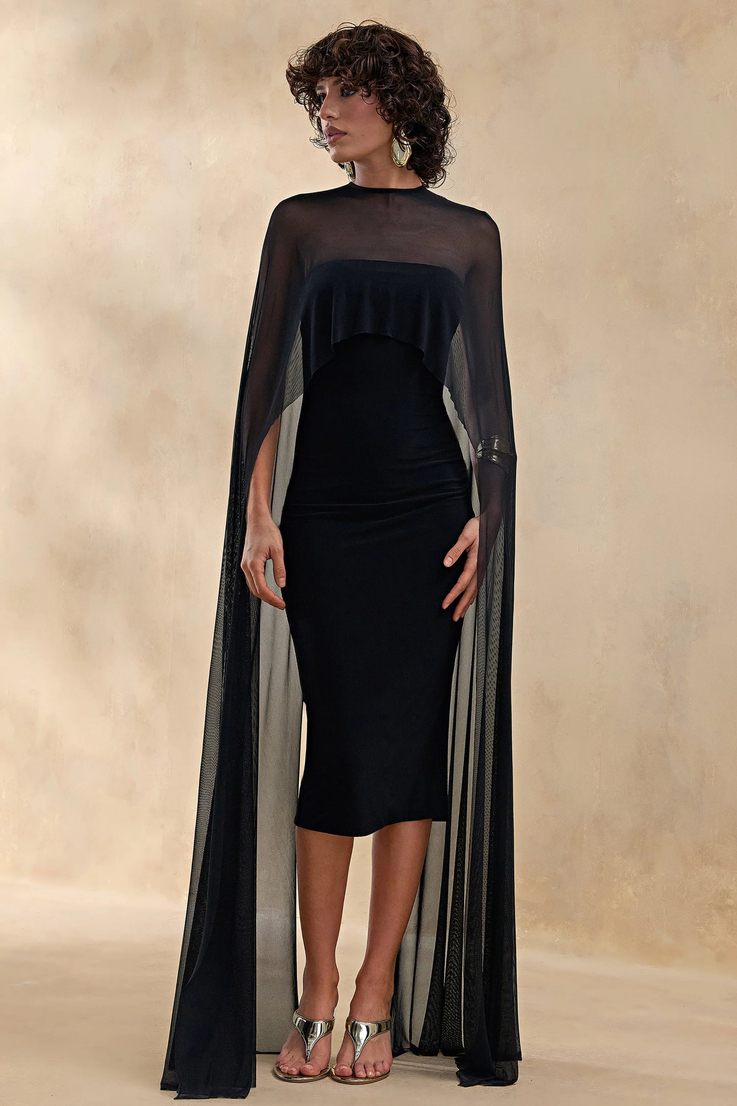 Filippa Black Crew-Neck Midi Dress With Sheer Cape-Sleeves