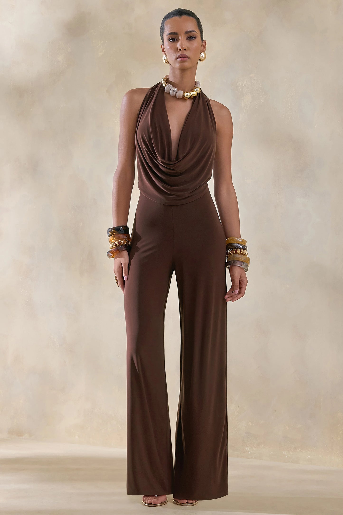 Clemence Brown Plunge-Neck Jumpsuit