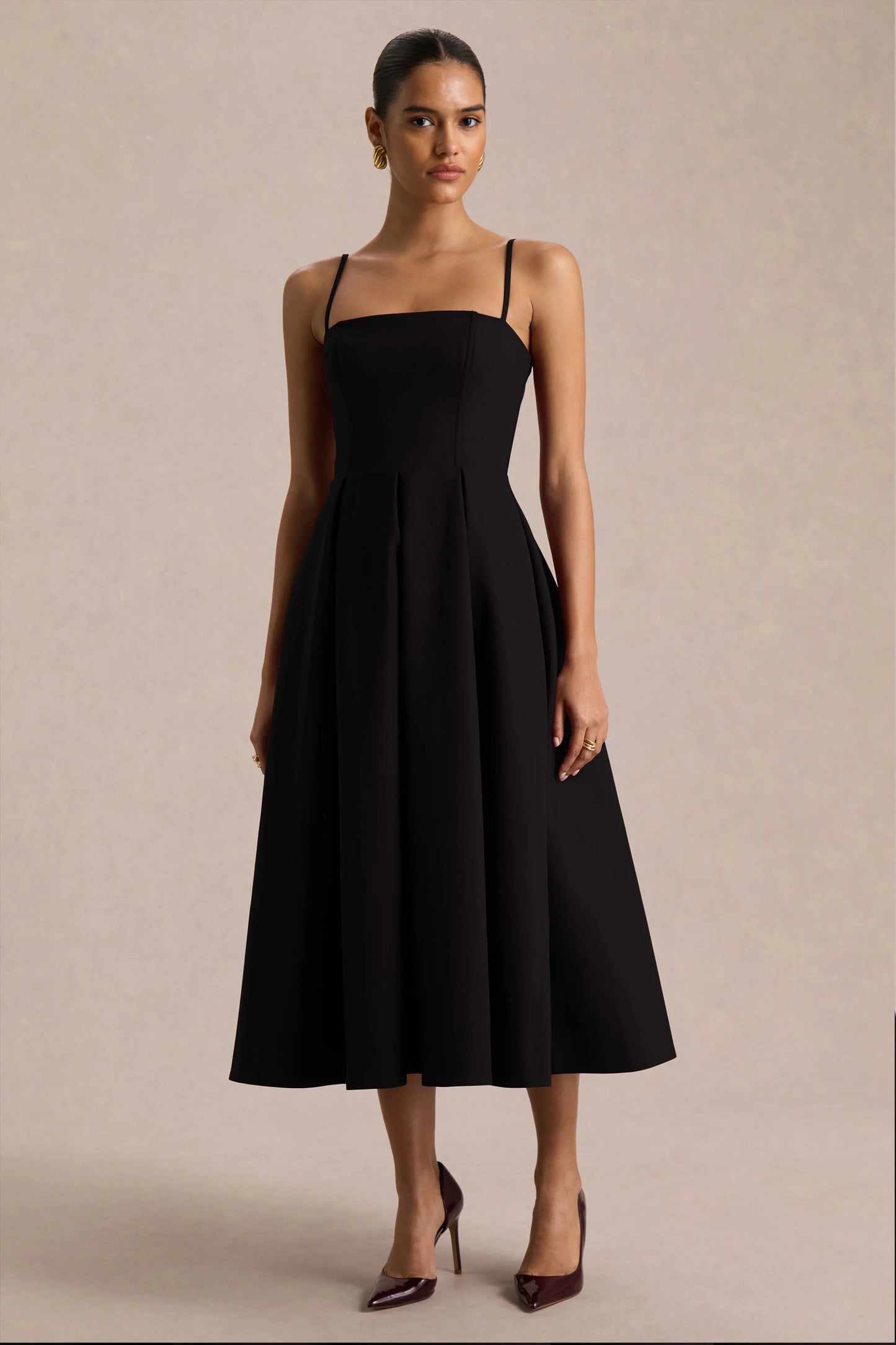 Thalia Black High-Neck Midi Dress With Sheer Mesh Cape