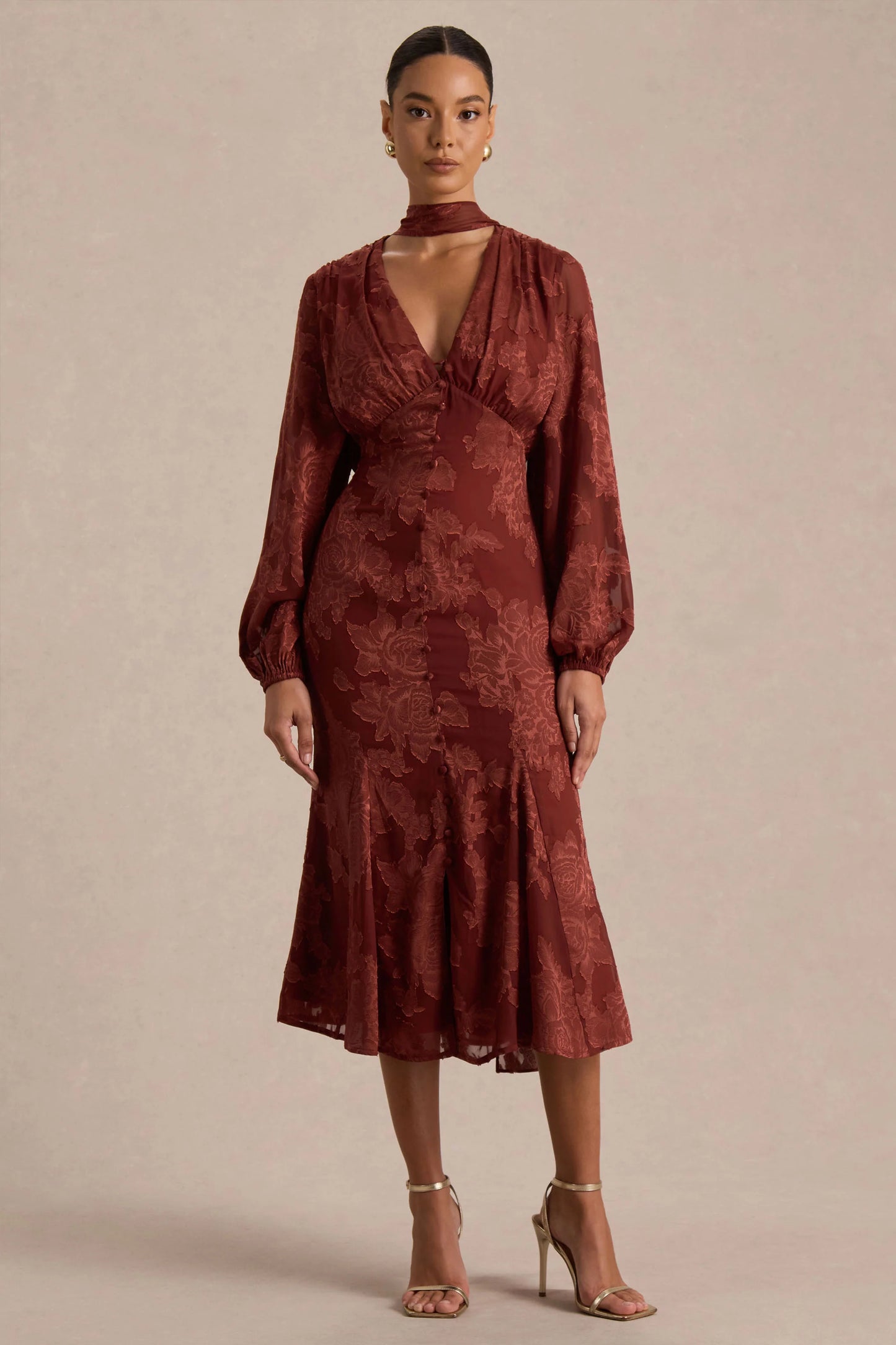 Sabina Rust Devore Plunge-Neck Midi Dress