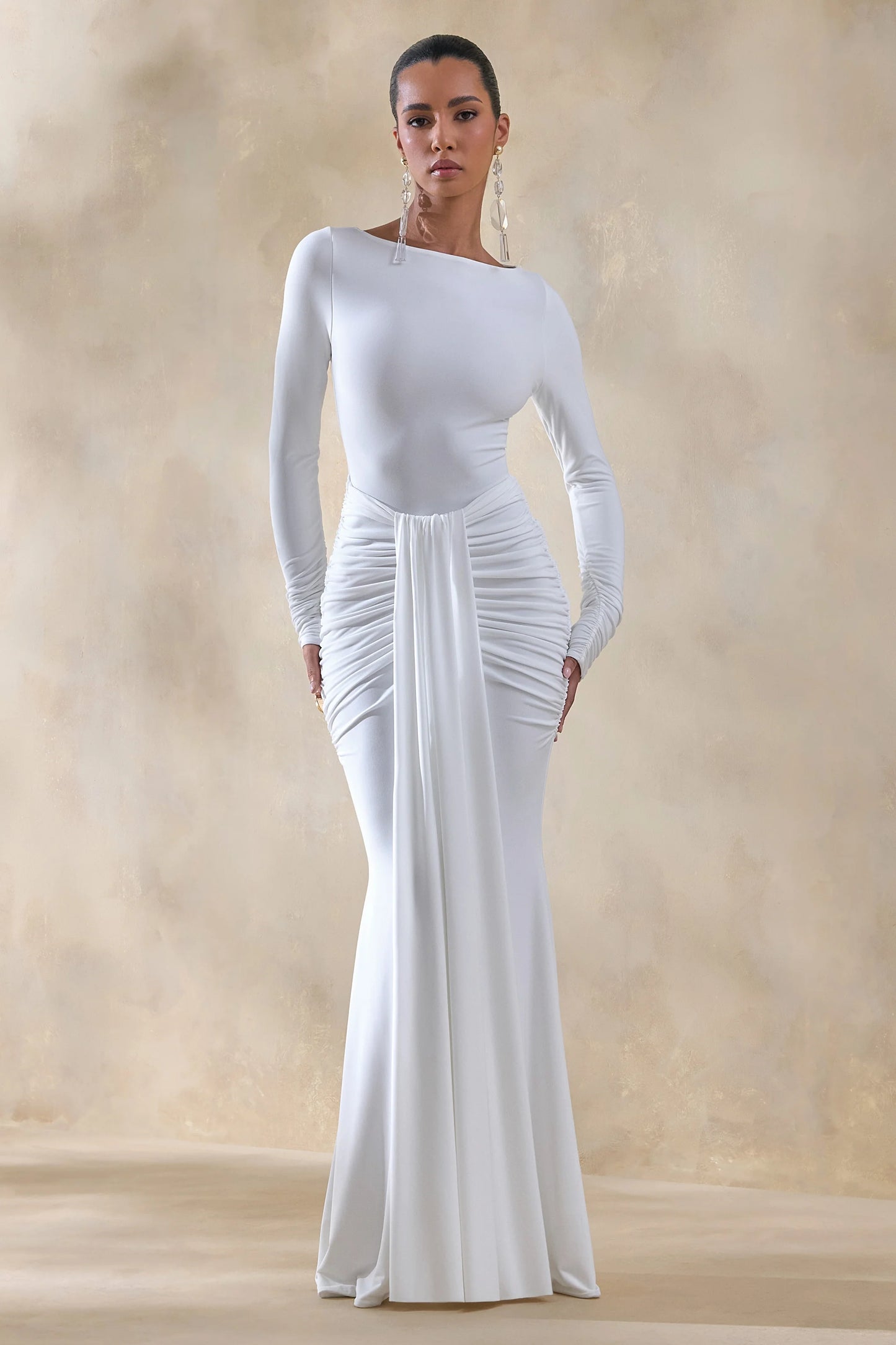 Liatris White Wide-Neck Maxi-Dress With Gathered-Detailing