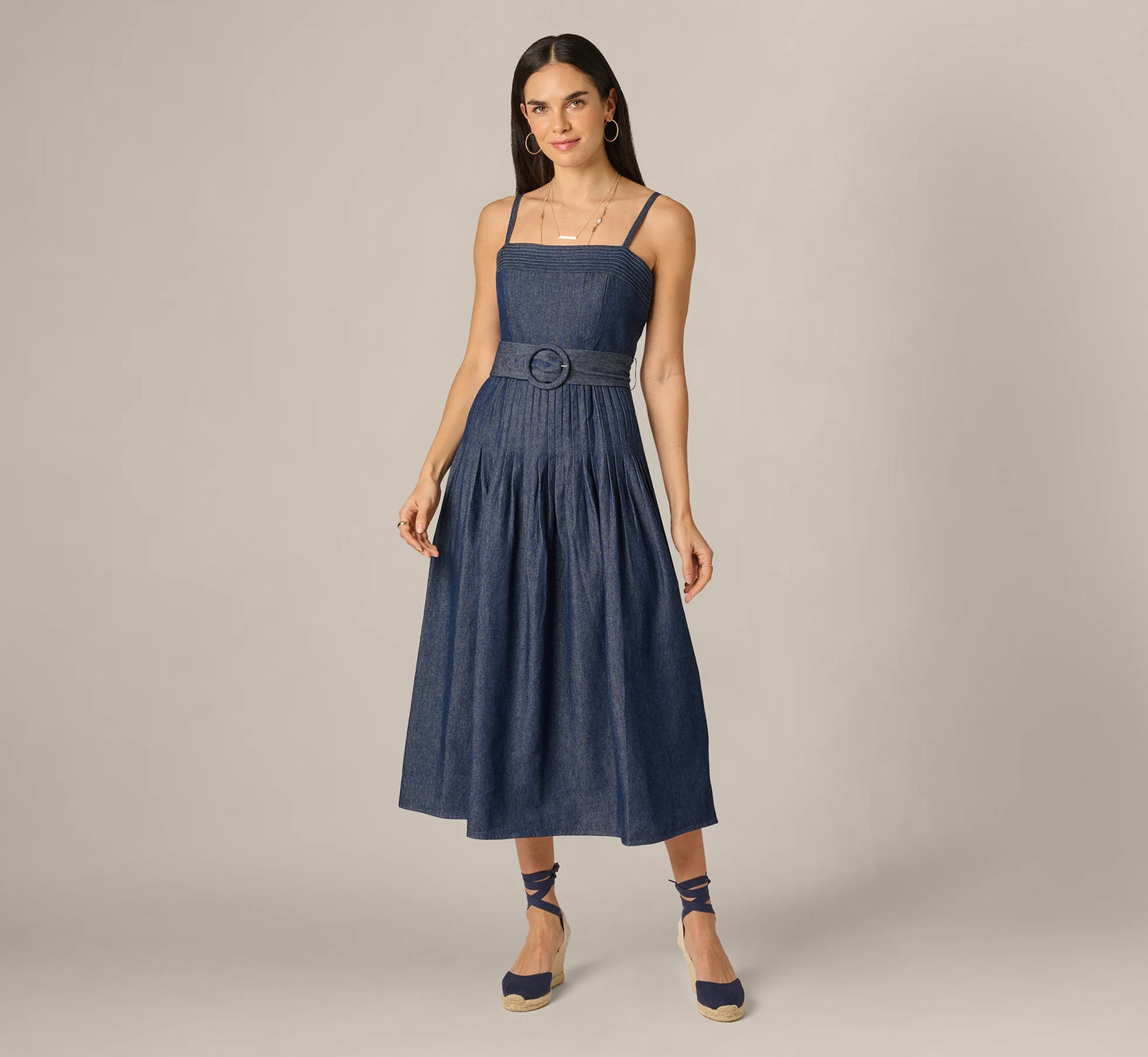 Cotton Denim Drop Waist Belted Midi Dress In Dark Denim