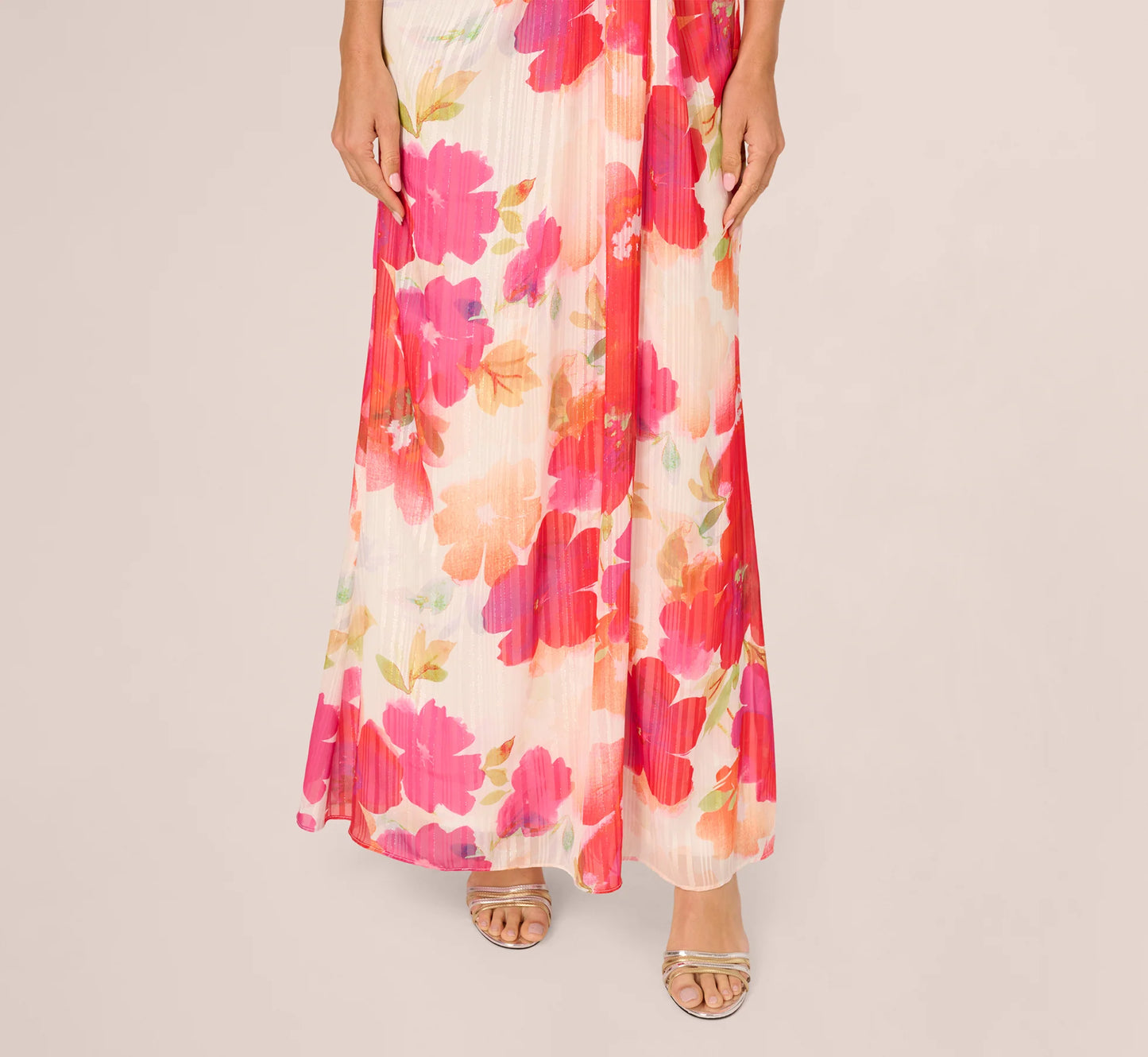 One Shoulder Watercolor Floral Stripe Gown In Ivory Pink Multi