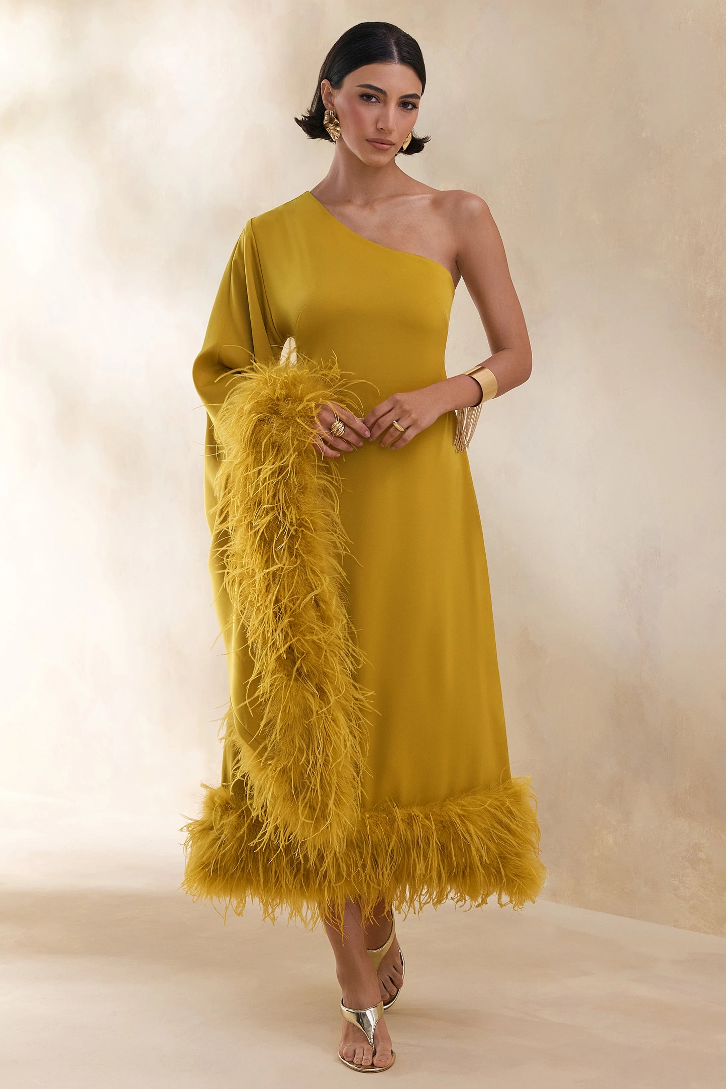 Destiny Yellow Satin Asymmetric-Neck Midi Dress With Feather Details