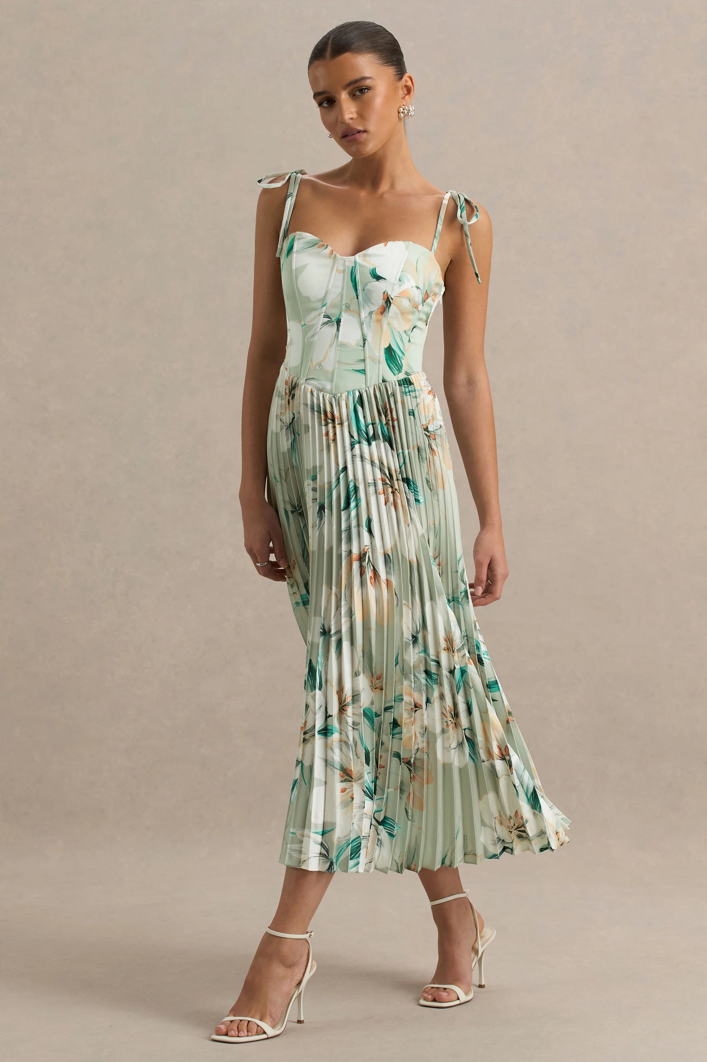 Peyton Green Floral Print Satin Sweetheart-Neck Midi Dress With Pleated Details