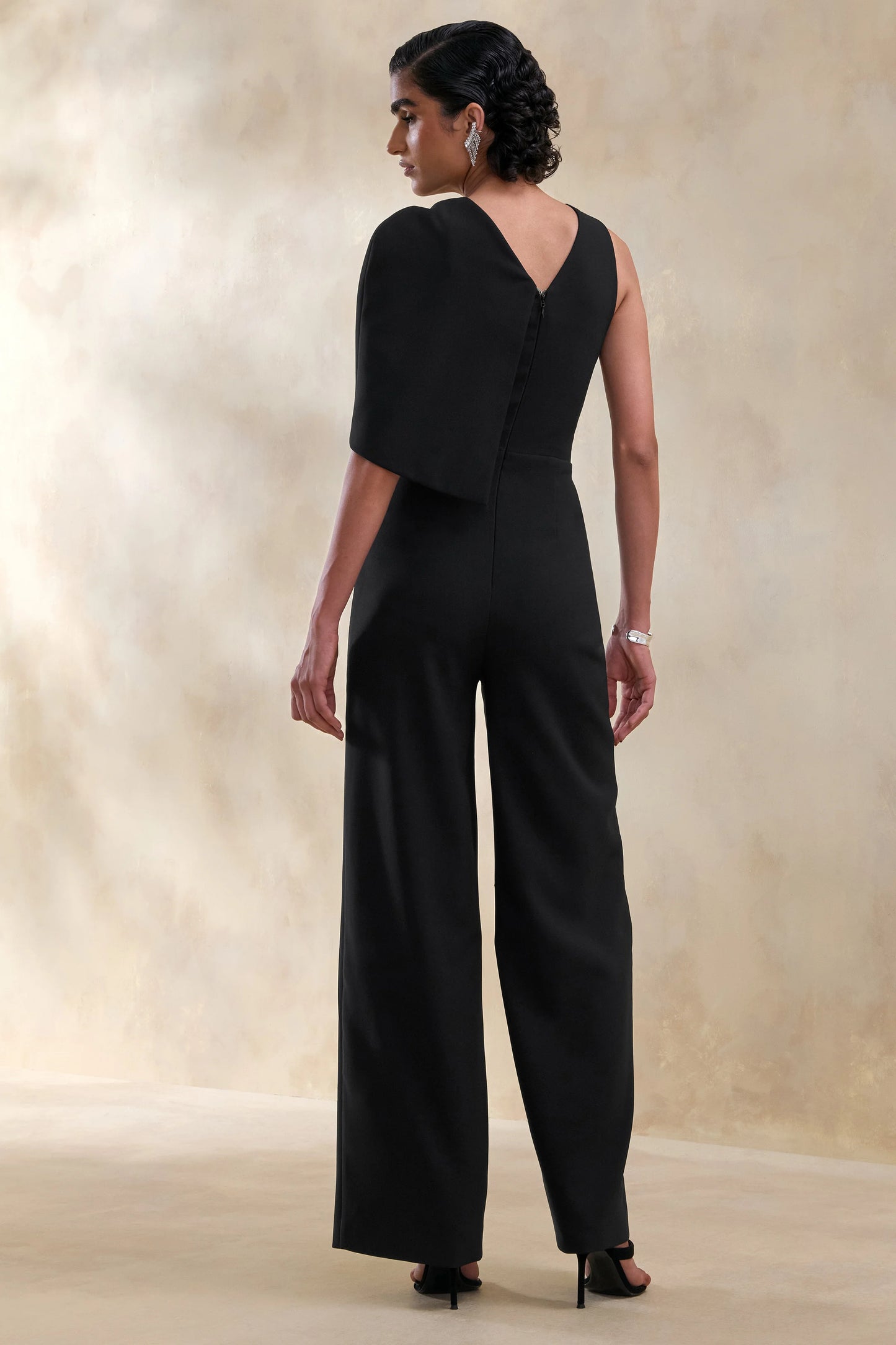 Quinley Black Asymmetric-Neck Jumpsuit With Cape-Sleeve