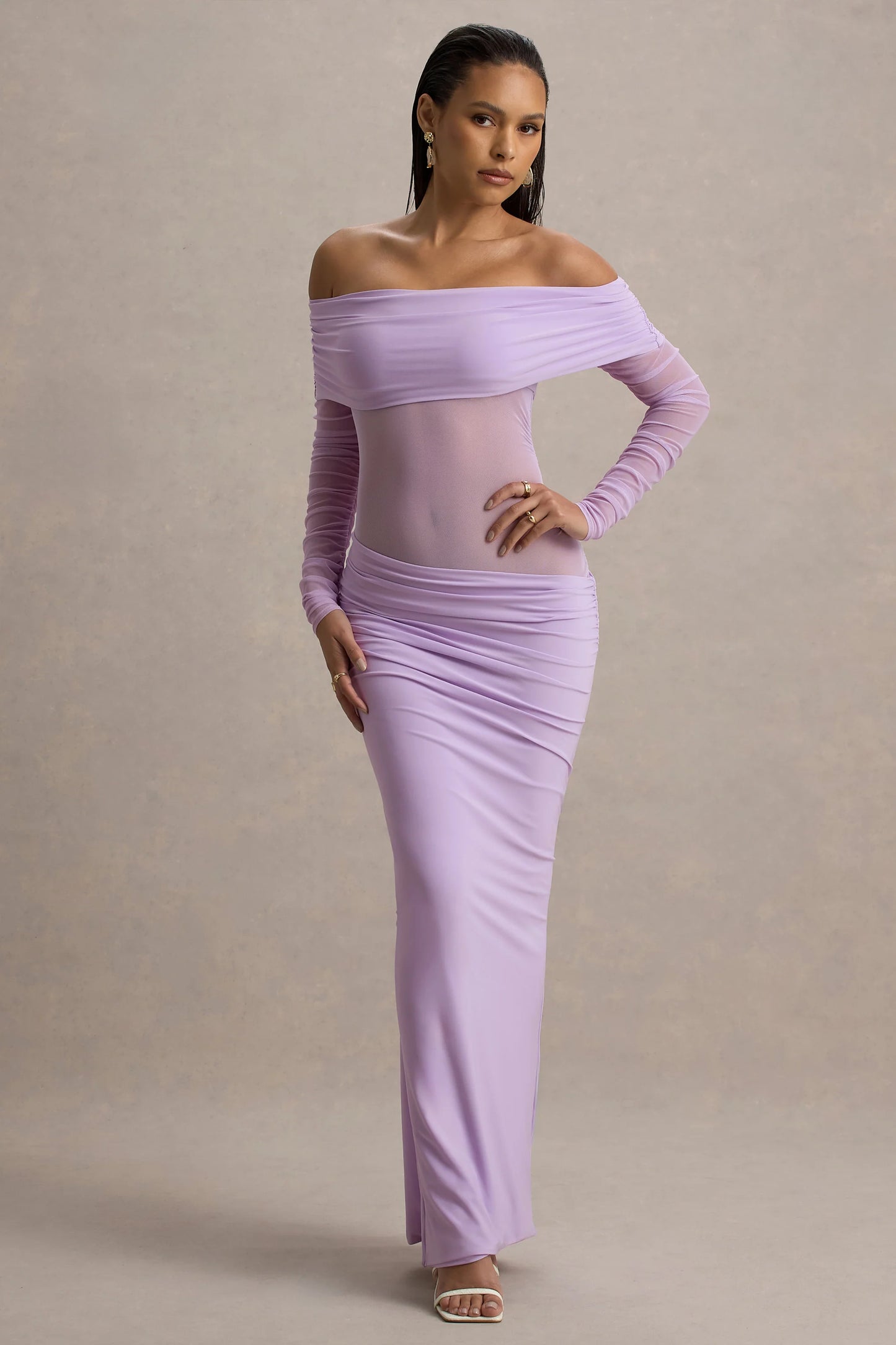 Belamour Lavender Semi-Sheer Bardot Gathered Maxi Dress