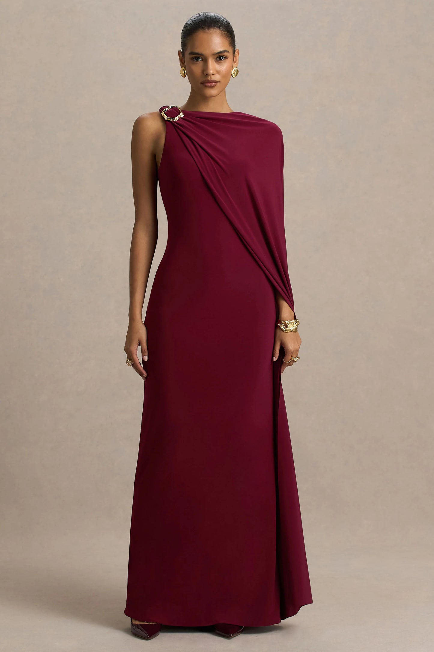 Cressida Burgundy Asymmetric-Neck Maxi Dress With Cape And Gold Detail
