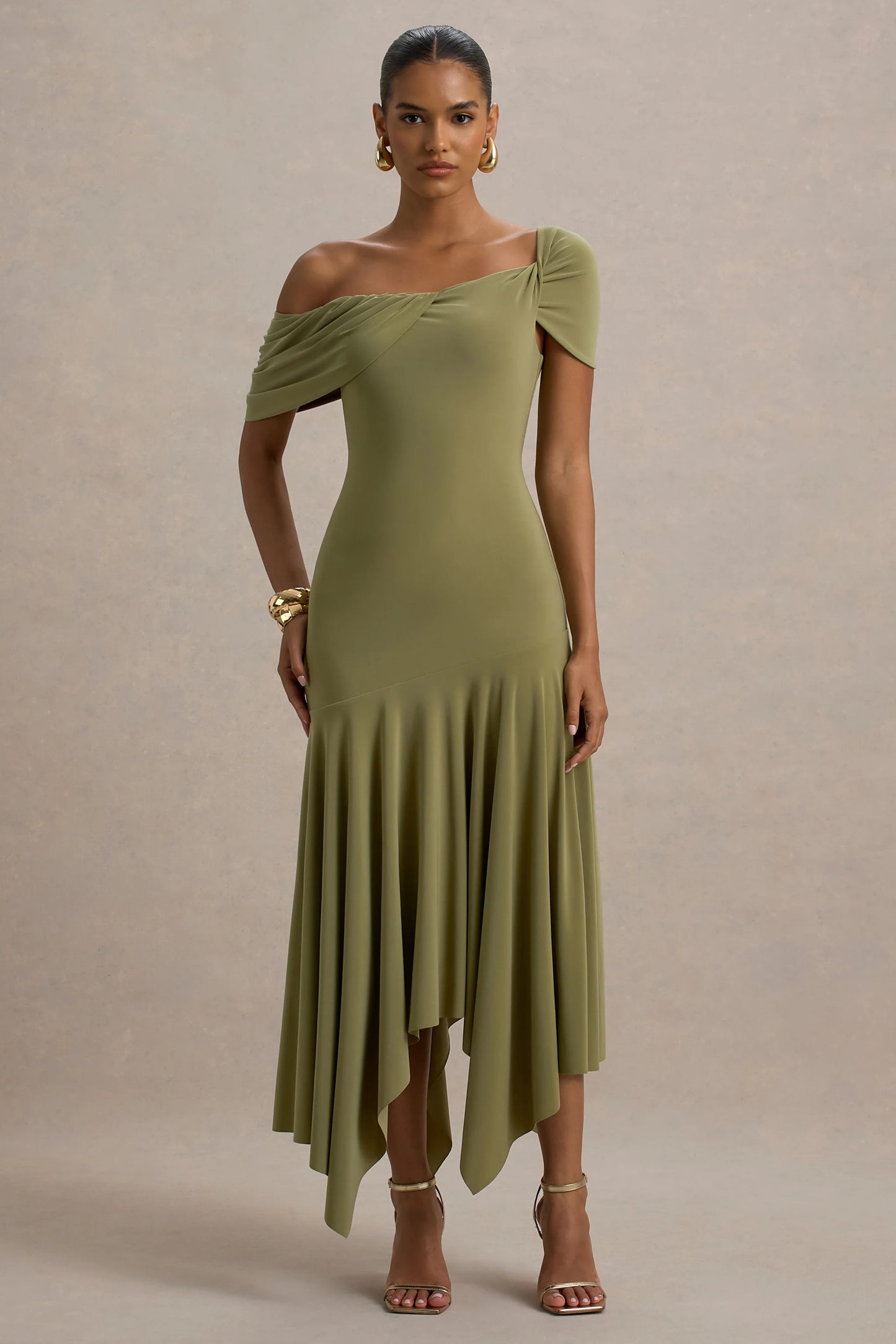 Castor Olive Asymmetric Midi Dress