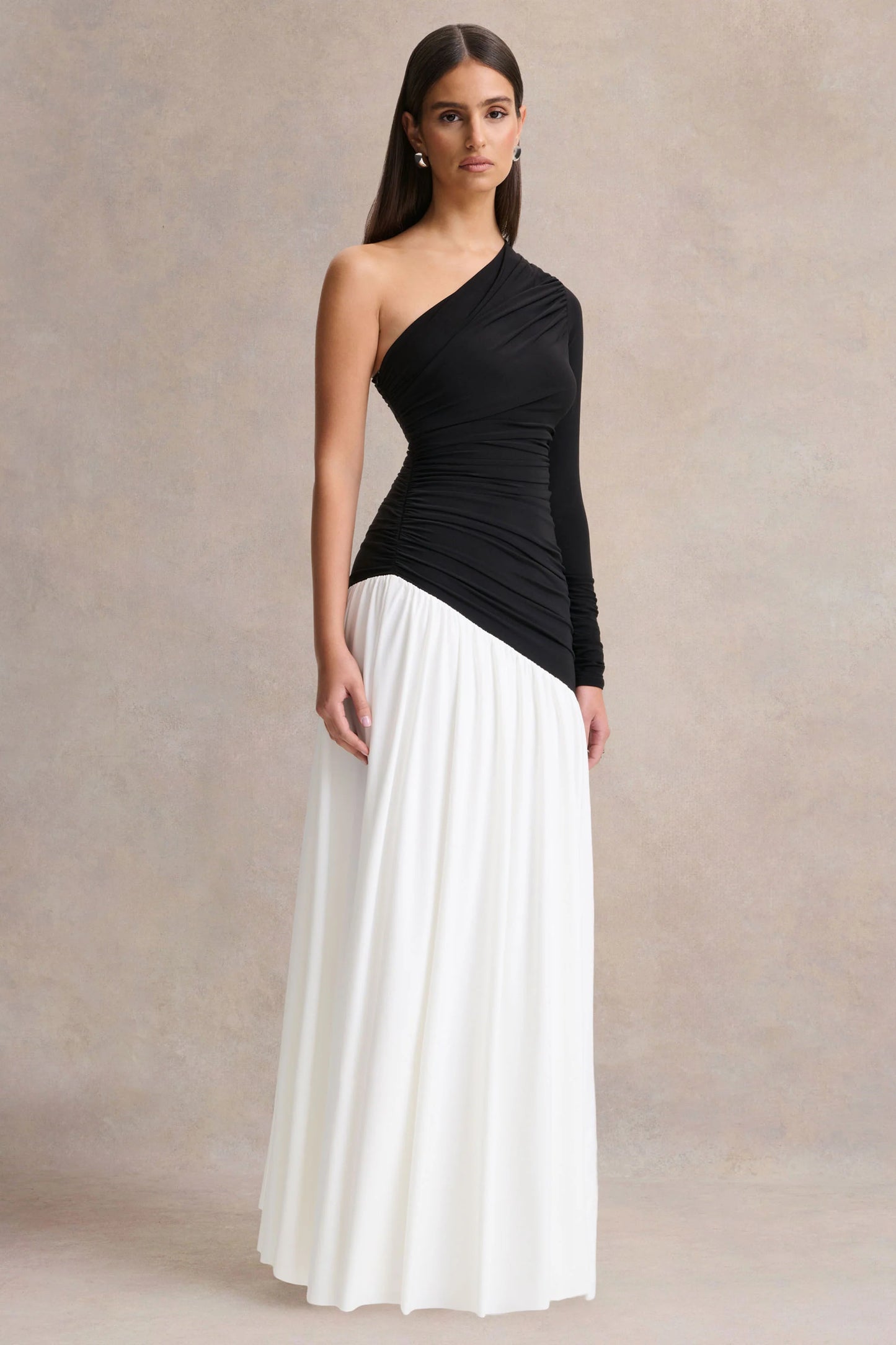 Danila Black And White Asymmetric-Neck Maxi Dress With Drop-Waist