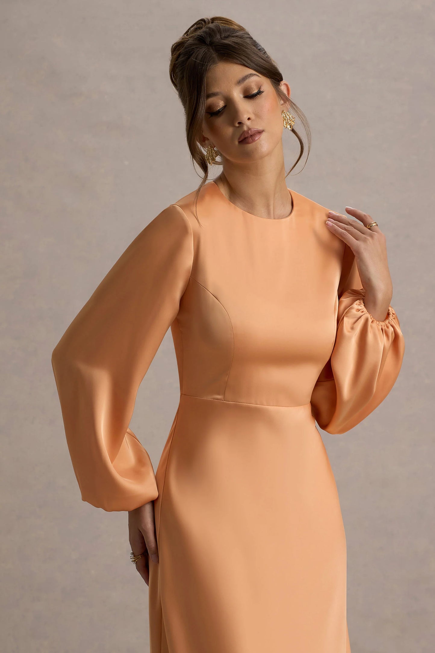 Crawley Peach Satin Puff-Sleeve Maxi Dress