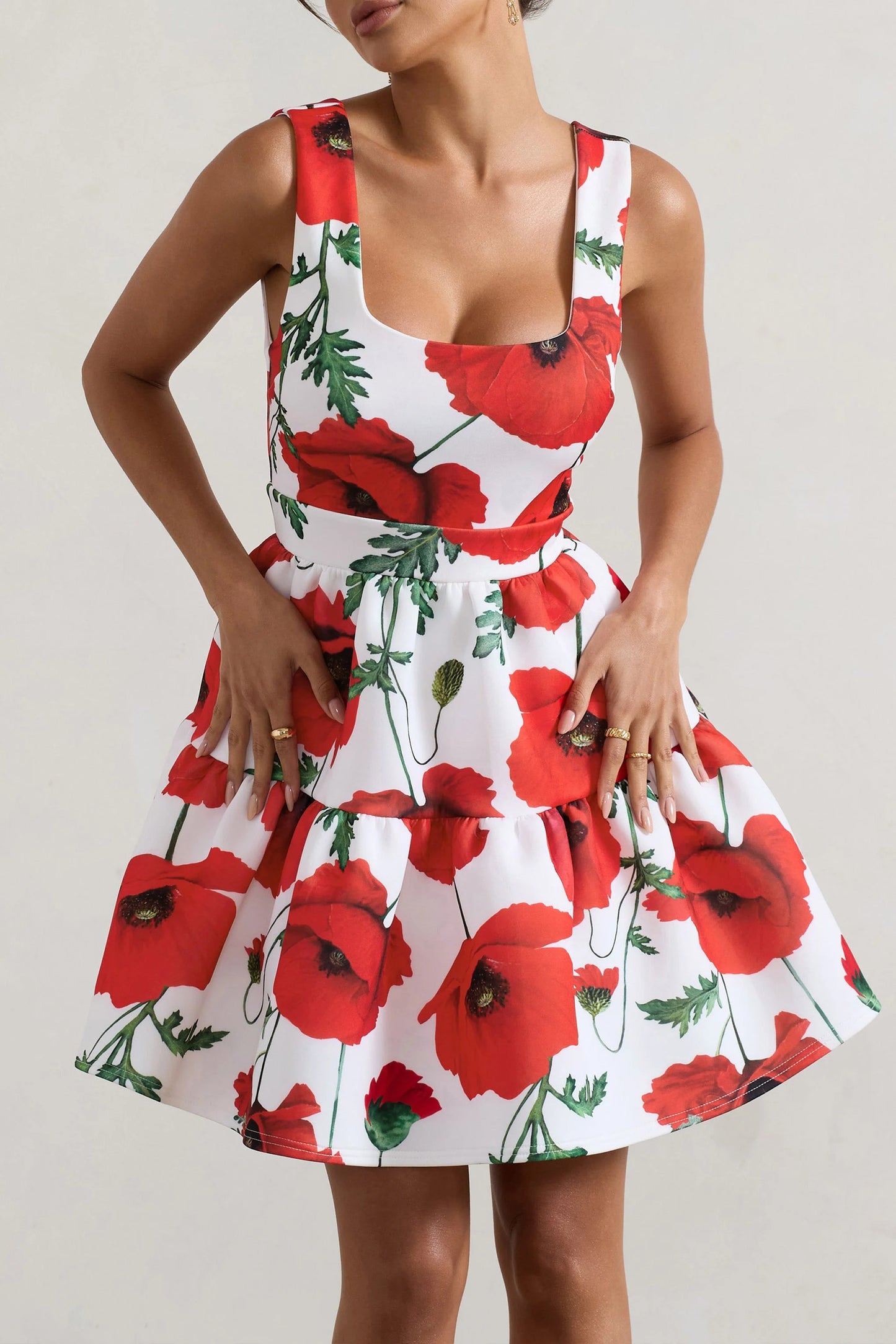 Alia Poppy Print Scoop-Neck Tiered Volume Hem Mini Dress