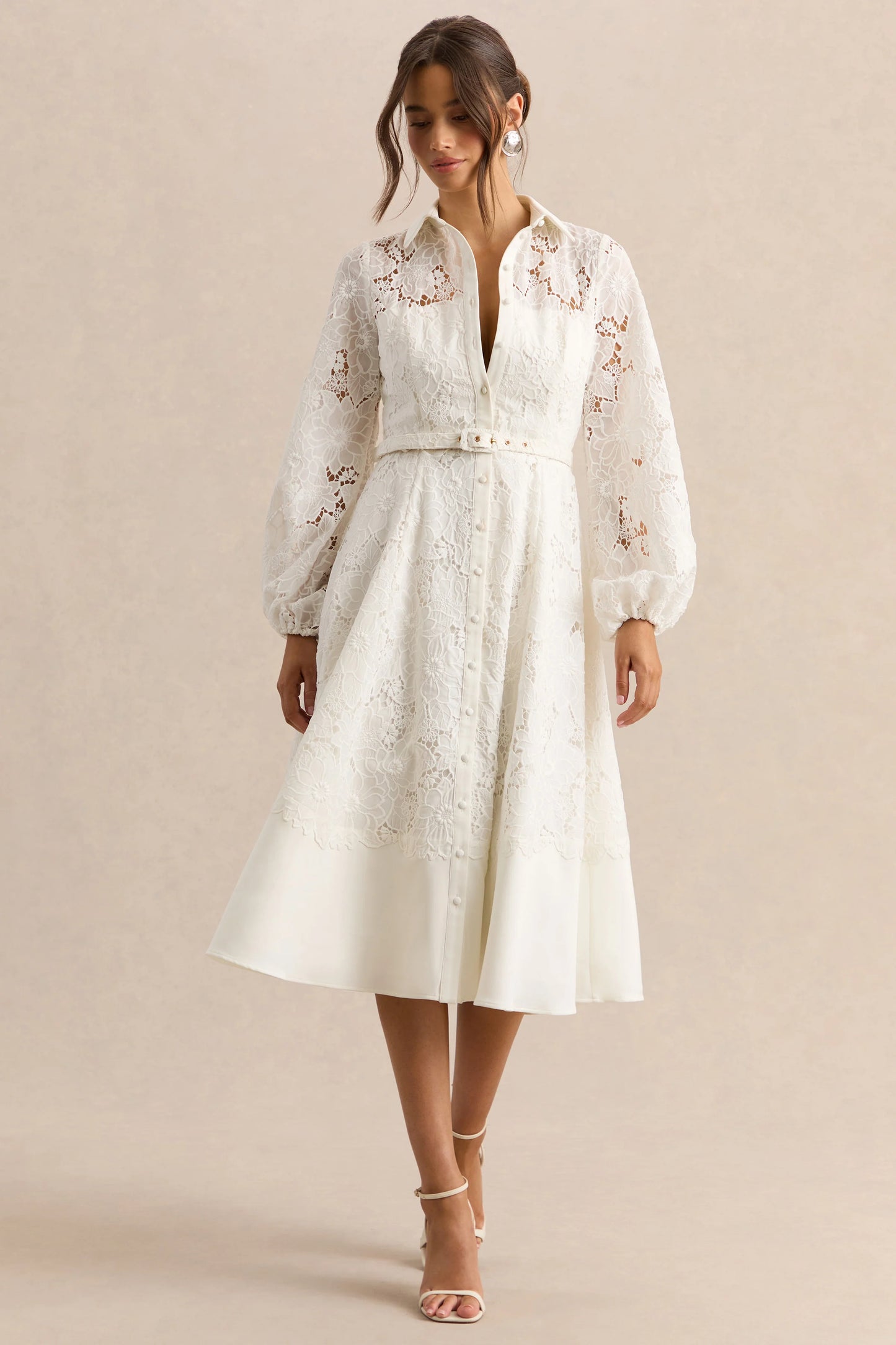 Jules Cream Broderie High-Neck Tailored Midi Dress With Puff-Sleeves