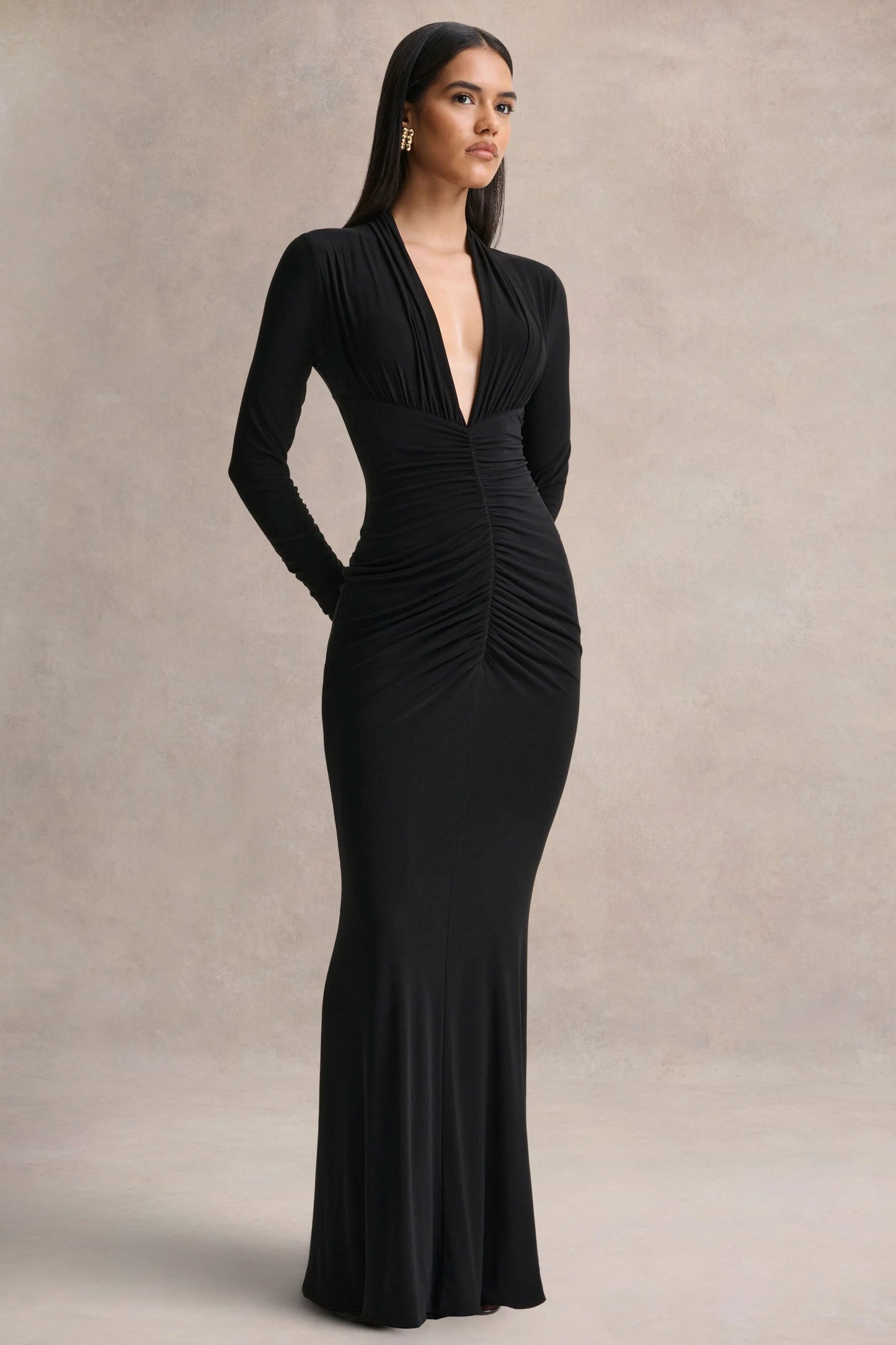 Tami Black Plunge-Neck Long Sleeve Maxi Dress
