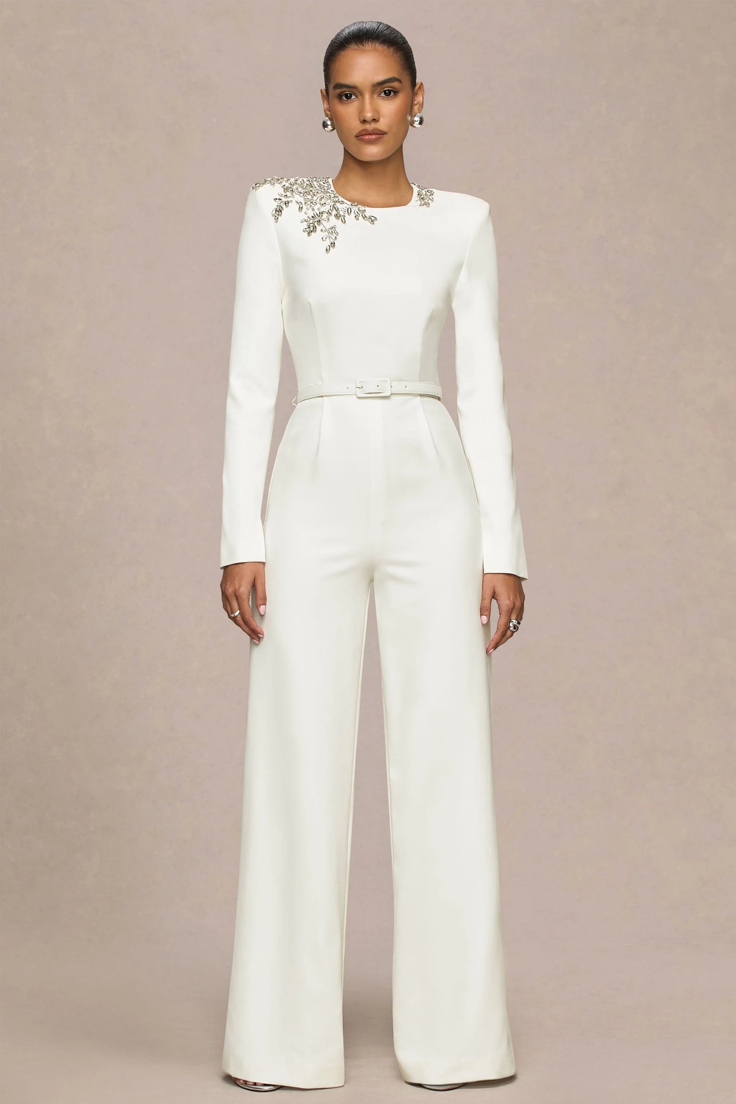 Prize Cream Crew-Neck Jumpsuit With Embellishment Detail